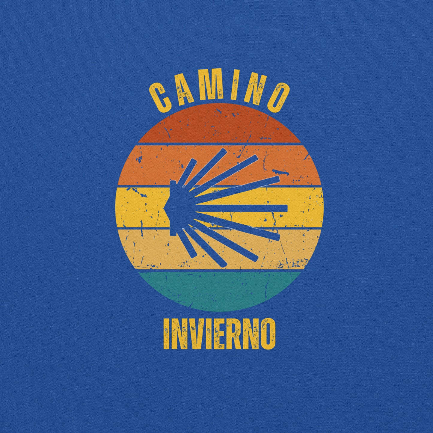 Royal Blue Camino de Santiago Invierno Hoodie, Winter Way, Seashell, Unisex Back Close-up