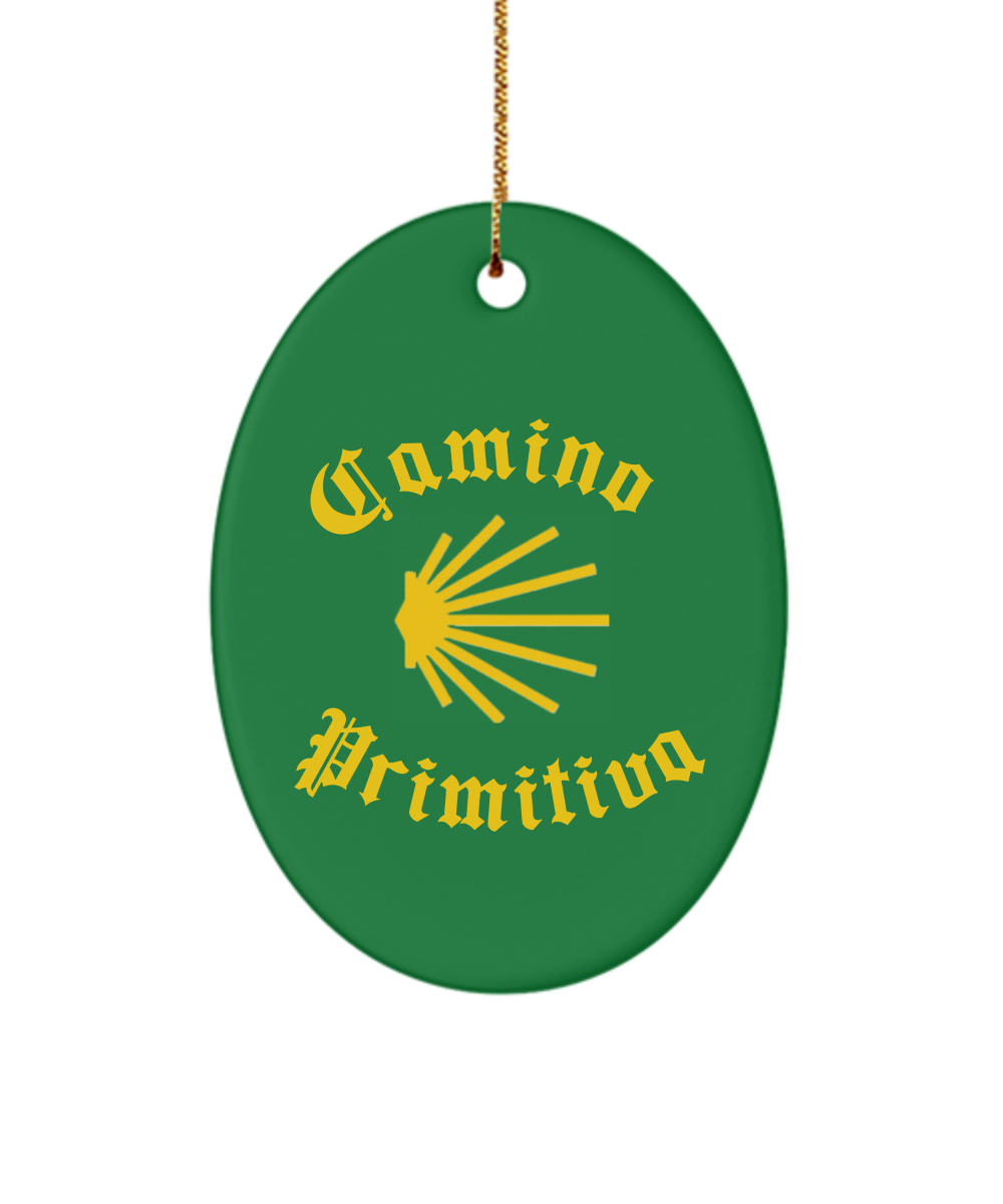Camino de Santiago Christmas Ornament Seashell Primitiva Ceramic, 3" Circle, Star, Oval