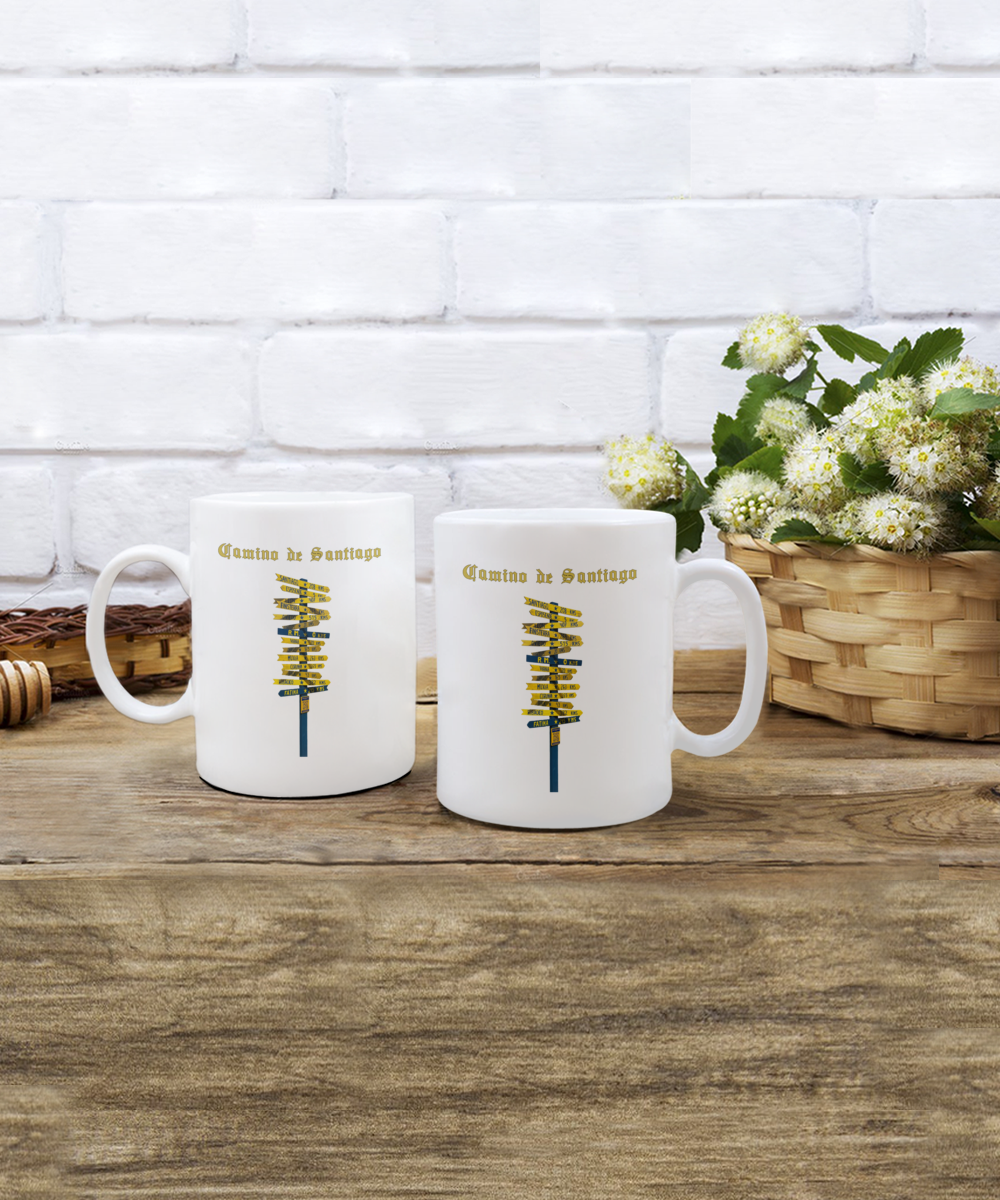Camino de Santiago Signpost Mug Gift for Peregrino Journey Camino Gift White Ceramic 11 or 15 oz.