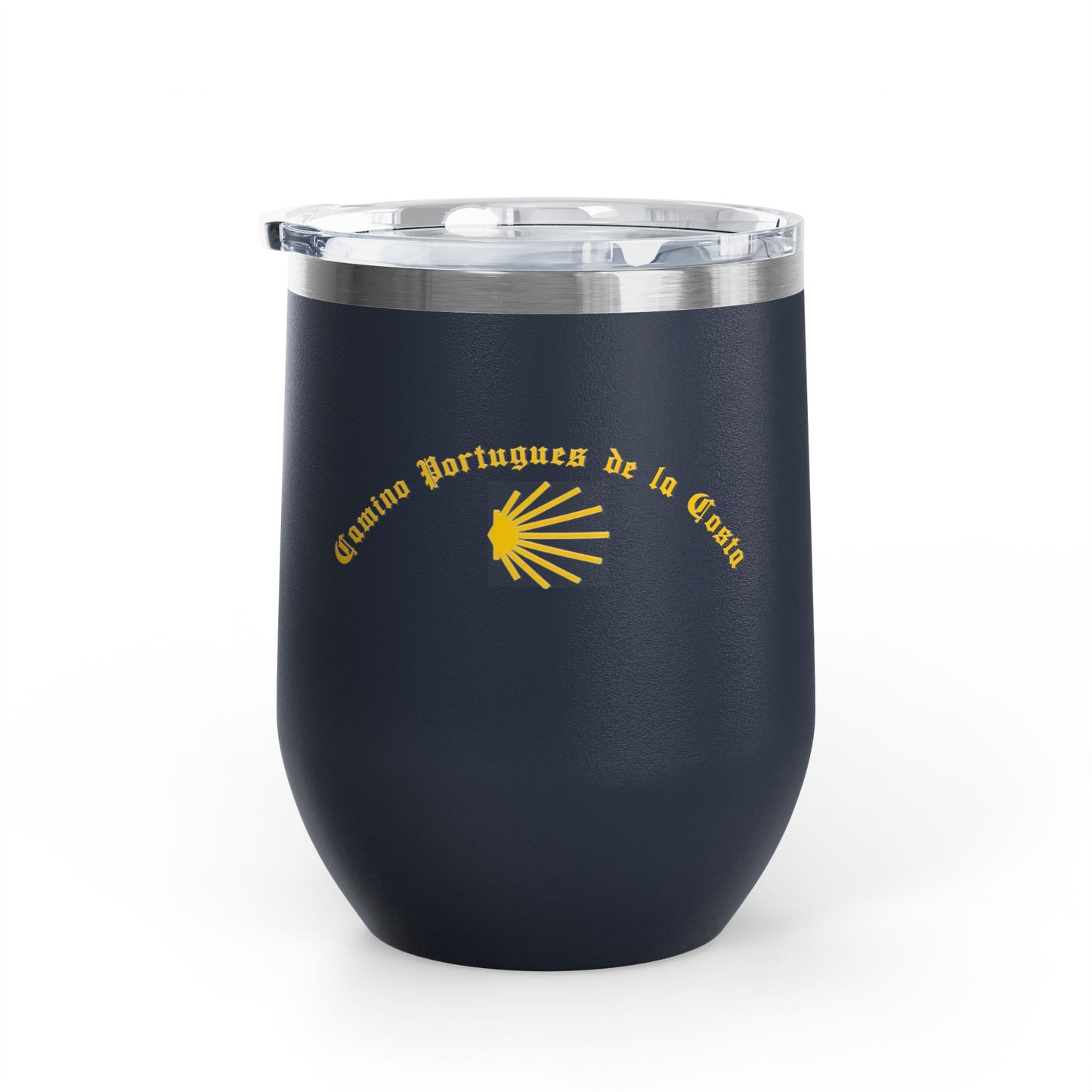 Camino Portugues de la Costa Seashell Wine Tumbler, Lidded Cup, 12oz Gift for Pilgrims, Coastal Theme