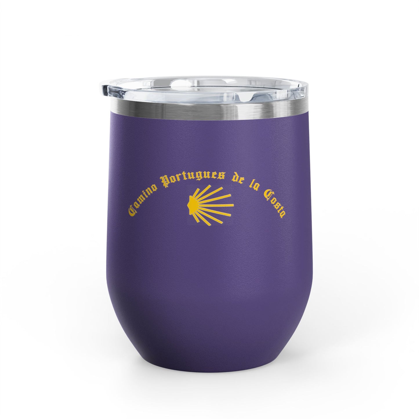 Camino Portugues de la Costa Seashell Wine Tumbler, Lidded Cup, 12oz Gift for Pilgrims, Coastal Theme