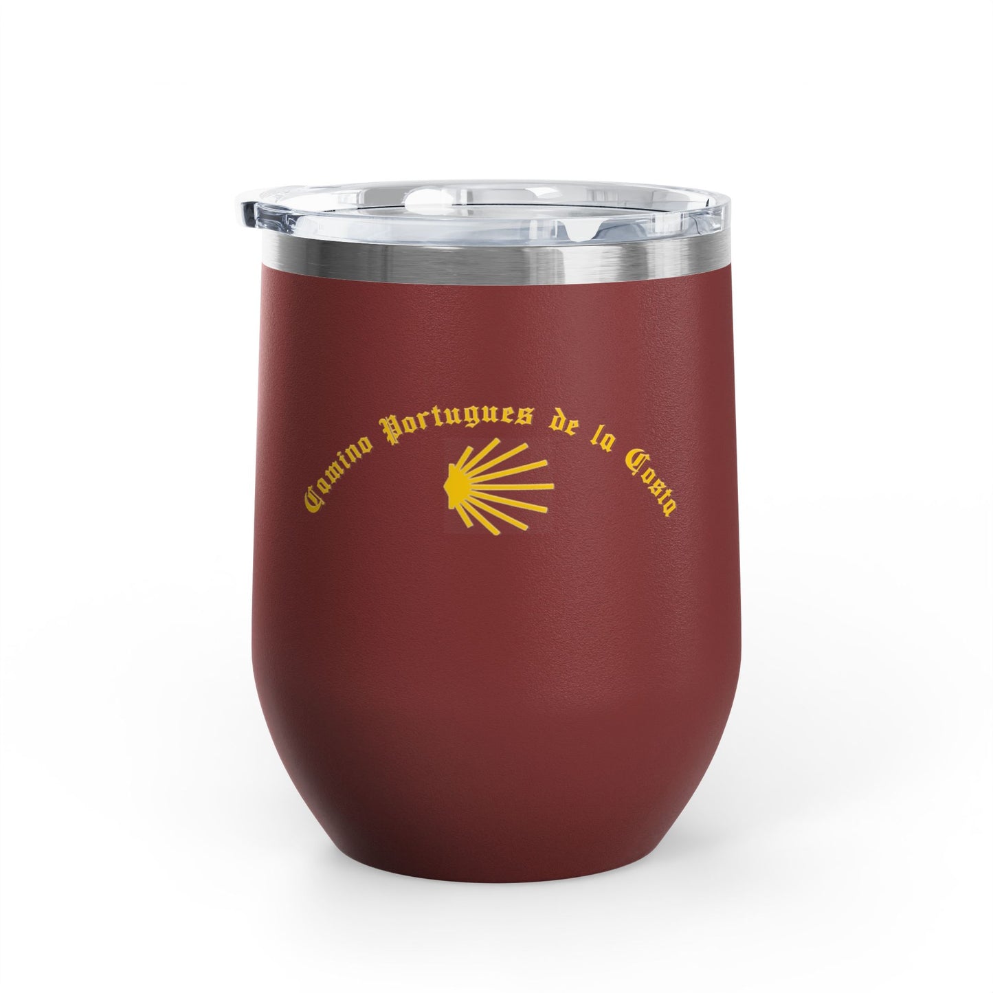 Camino Portugues de la Costa Seashell Wine Tumbler, Lidded Cup, 12oz Gift for Pilgrims, Coastal Theme