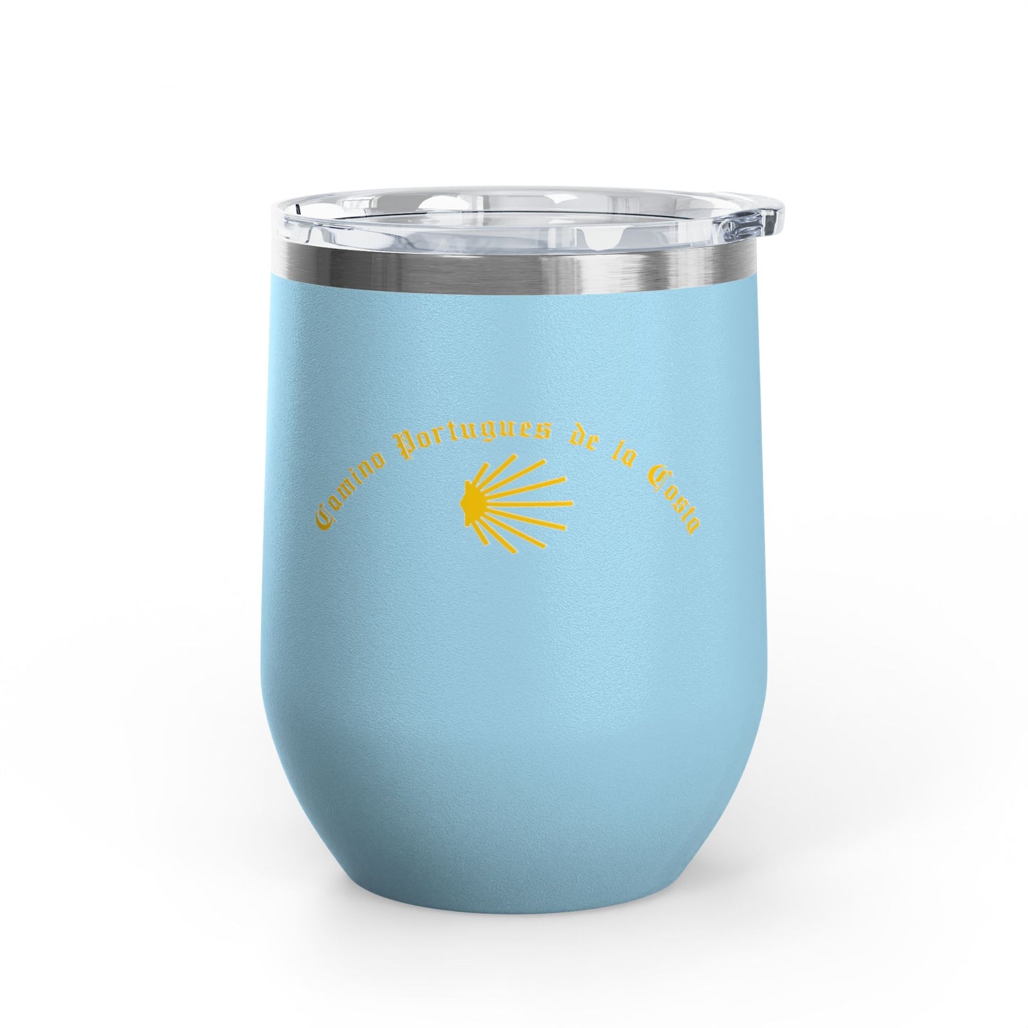 Camino Portugues de la Costa Seashell Wine Tumbler, Lidded Cup, 12oz Gift for Pilgrims, Coastal Theme