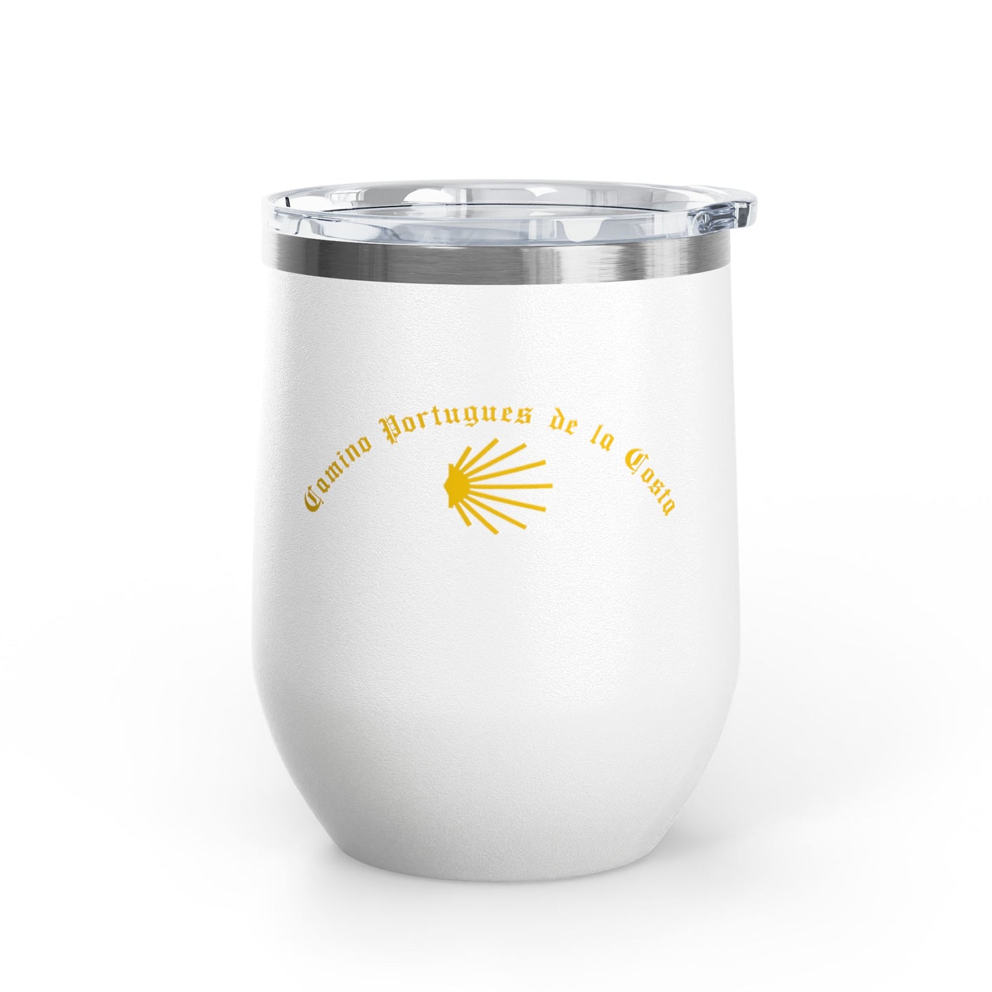 Camino Portugues de la Costa Seashell Wine Tumbler, Lidded Cup, 12oz Gift for Pilgrims, Coastal Theme