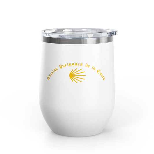 Camino Portugues de la Costa Seashell Wine Tumbler, Lidded Cup, 12oz Gift for Pilgrims, Coastal Theme