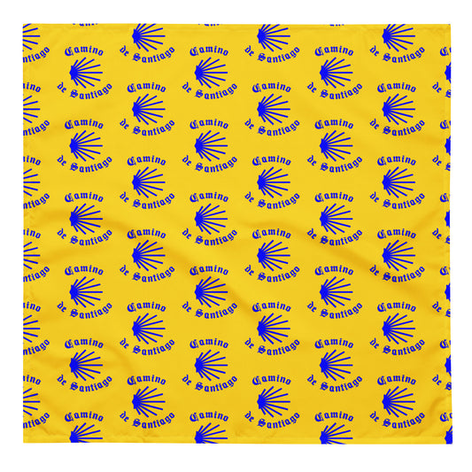 Camino de Santiago All-over Print Bandana, Gift for Peregrino, Blue Seashell on Yellow