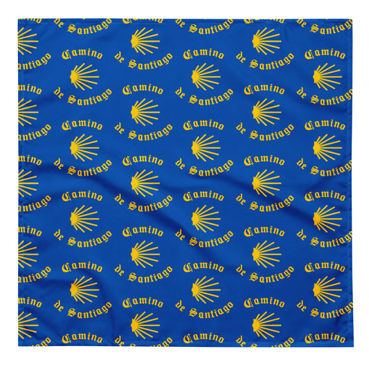 Camino de Santiago All-over Print Bandana, Gift for Peregrino, Yellow Seashell on Blue