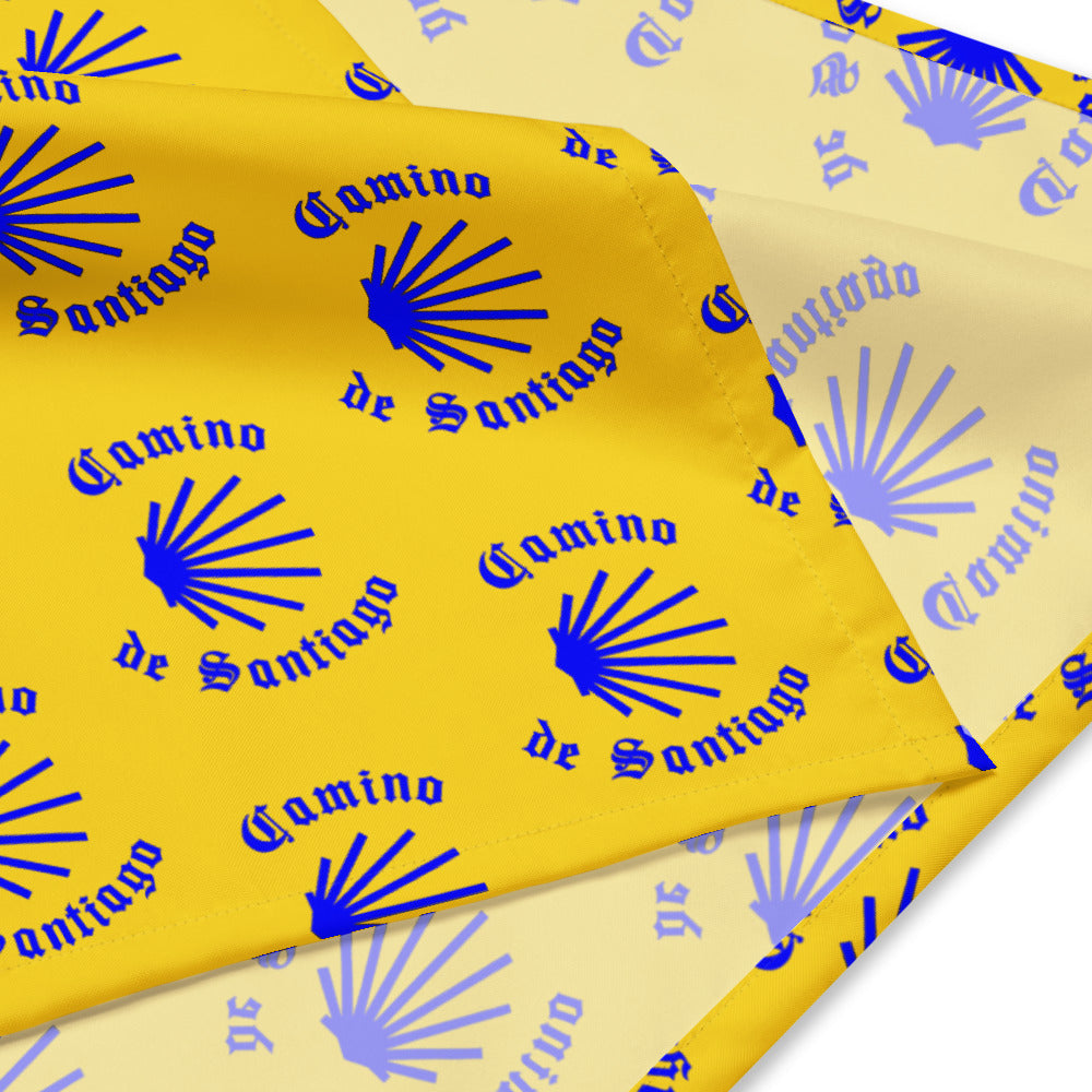 Camino de Santiago All-over Print Bandana, Gift for Peregrino, Blue Seashell on Yellow