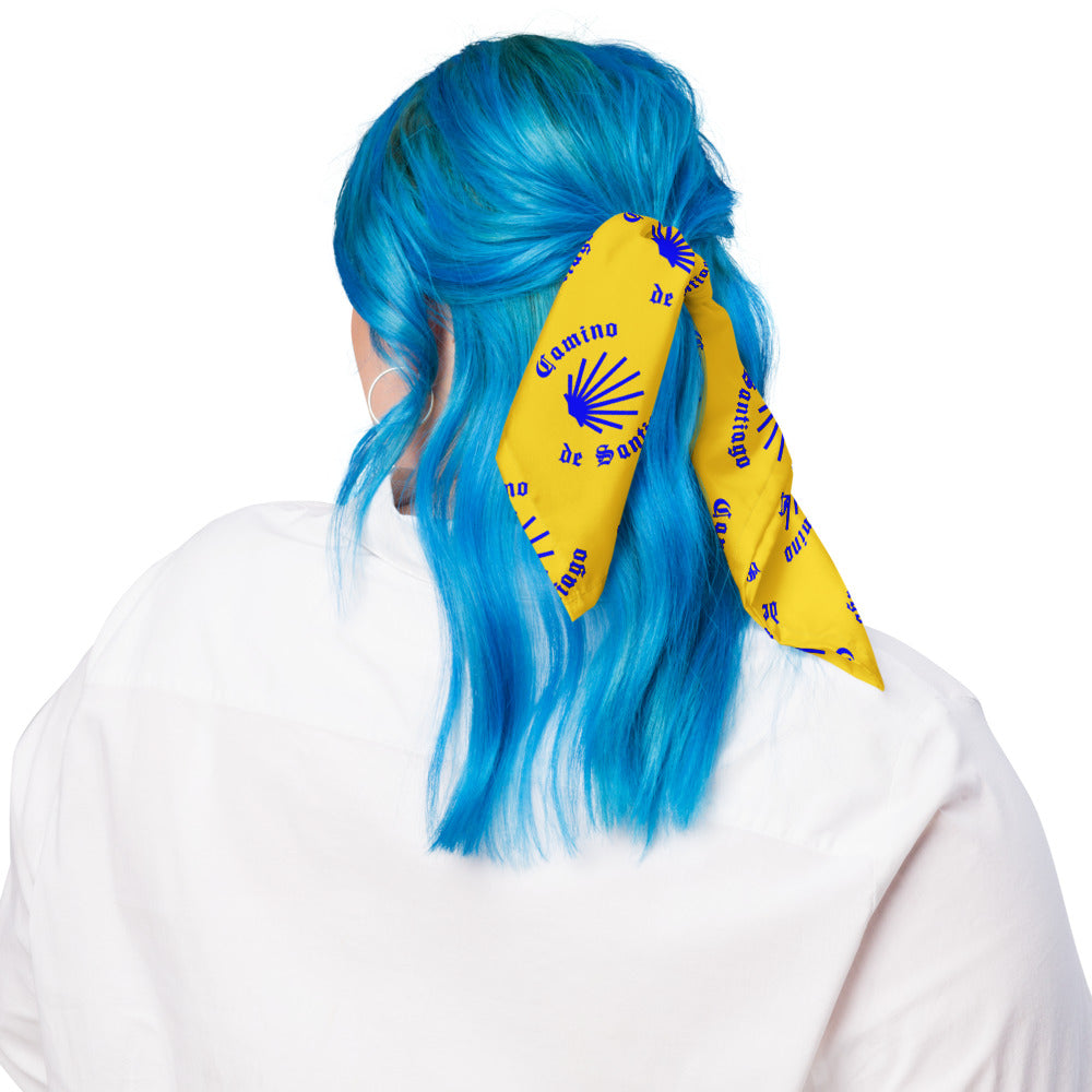 Camino de Santiago All-over Print Bandana, Gift for Peregrino, Blue Seashell on Yellow