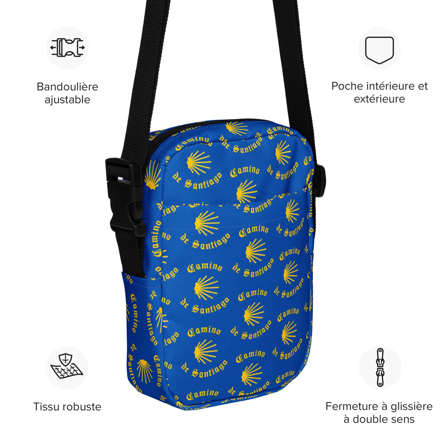 Camino de Santiago Utility Crossbody Bag, Yellow on Blue, Gift for Peregrino