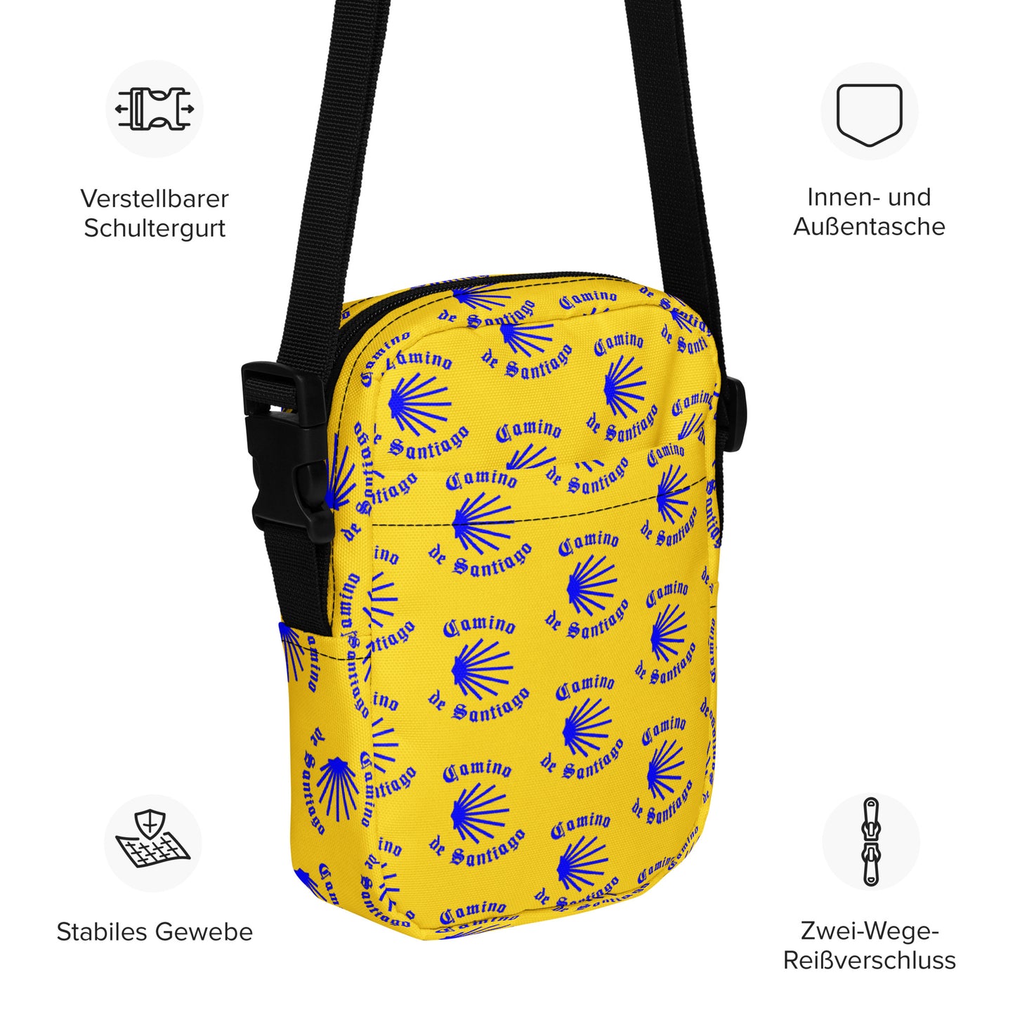 Camino de Santiago Utility Crossbody Bag, Blue on Yellow, Gift for Peregrino