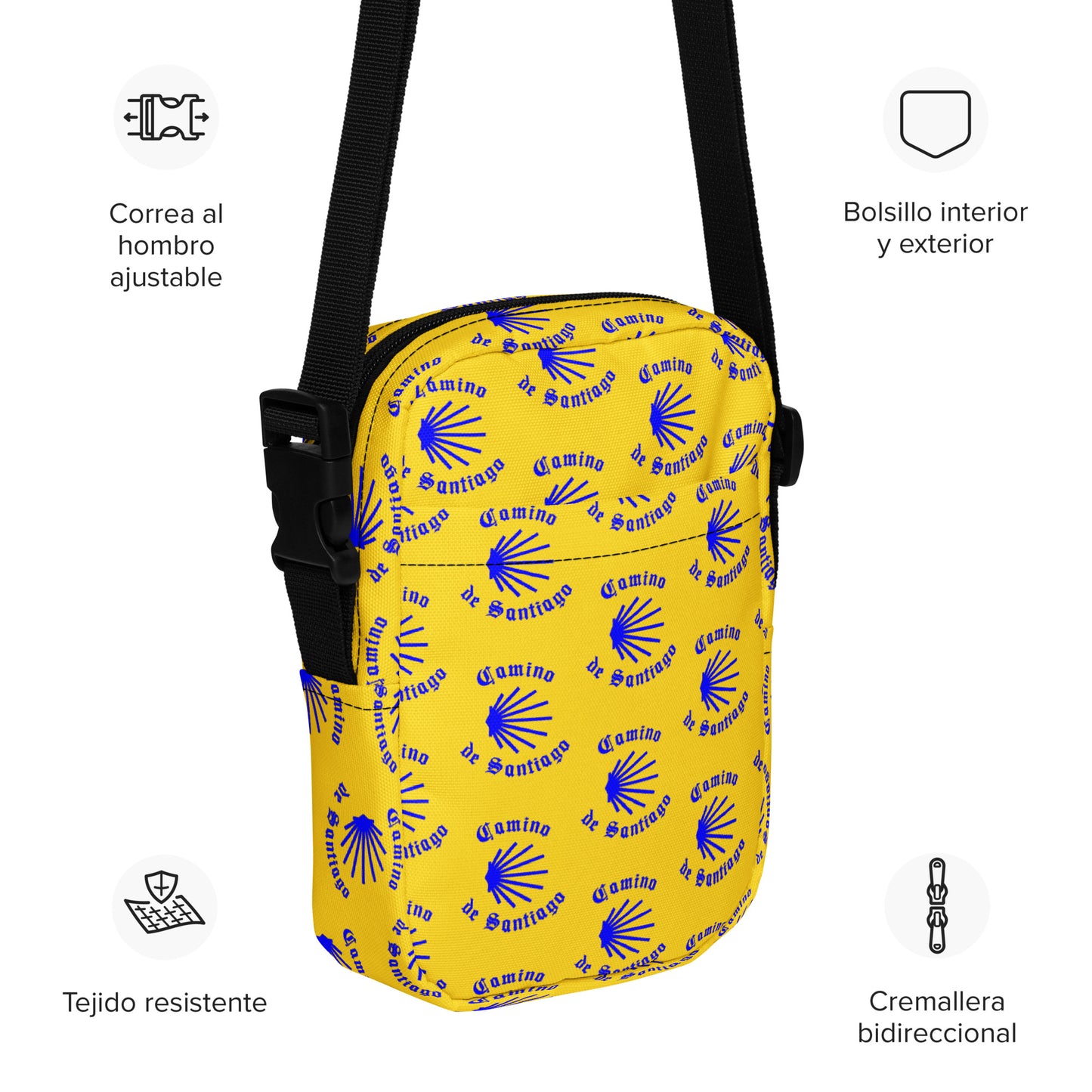 Camino de Santiago Utility Crossbody Bag, Blue on Yellow, Gift for Peregrino