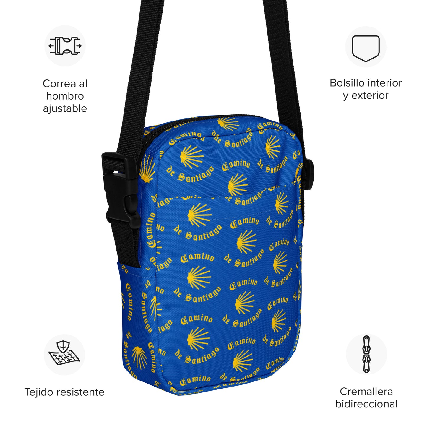 Camino de Santiago Utility Crossbody Bag, Yellow on Blue, Gift for Peregrino