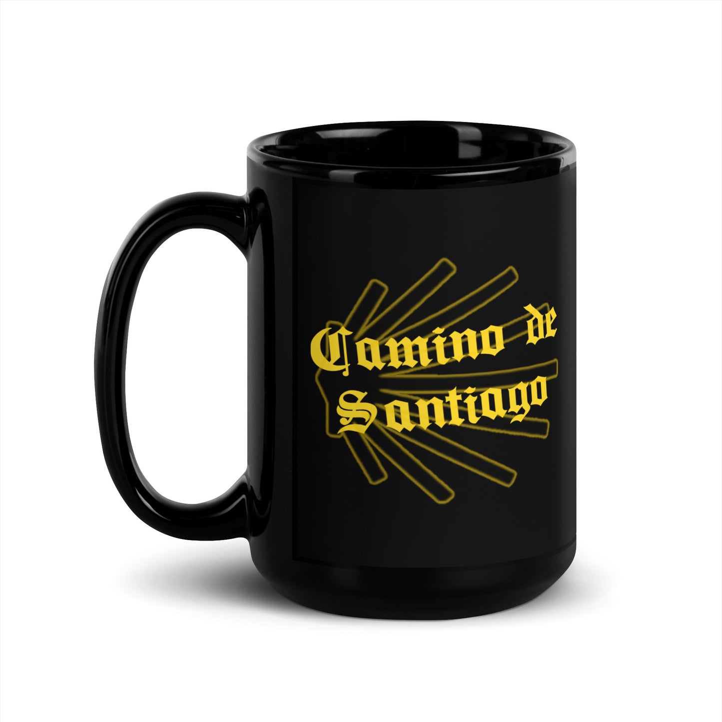 Camino de Santiago Coffee Mug, Gift for Peregrino with Seashell, Black Glossy Cup 11 or 15 oz.