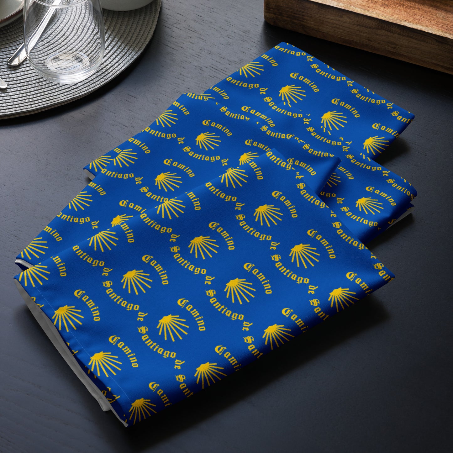 Camino de Santiago Cloth Napkin Set, Gift for Peregrino, Yellow Seashell on Blue