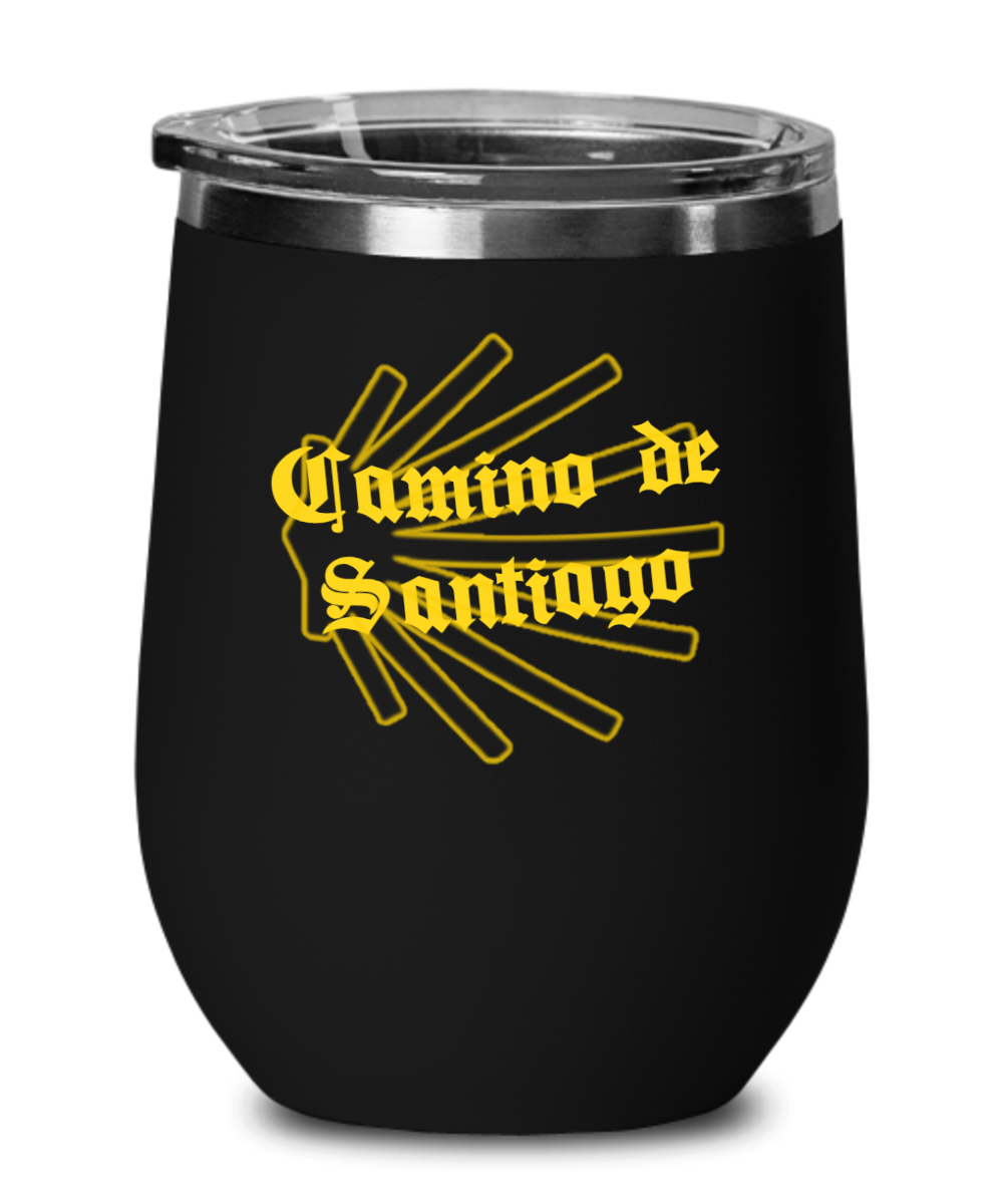 Camino de Santiago Wine Tumbler with Seashell, Gift for Peregrino, Insulated with Lid, 12 oz.