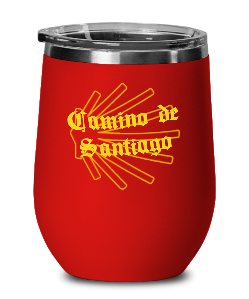 Camino de Santiago Wine Tumbler with Seashell, Gift for Peregrino, Insulated with Lid, 12 oz.