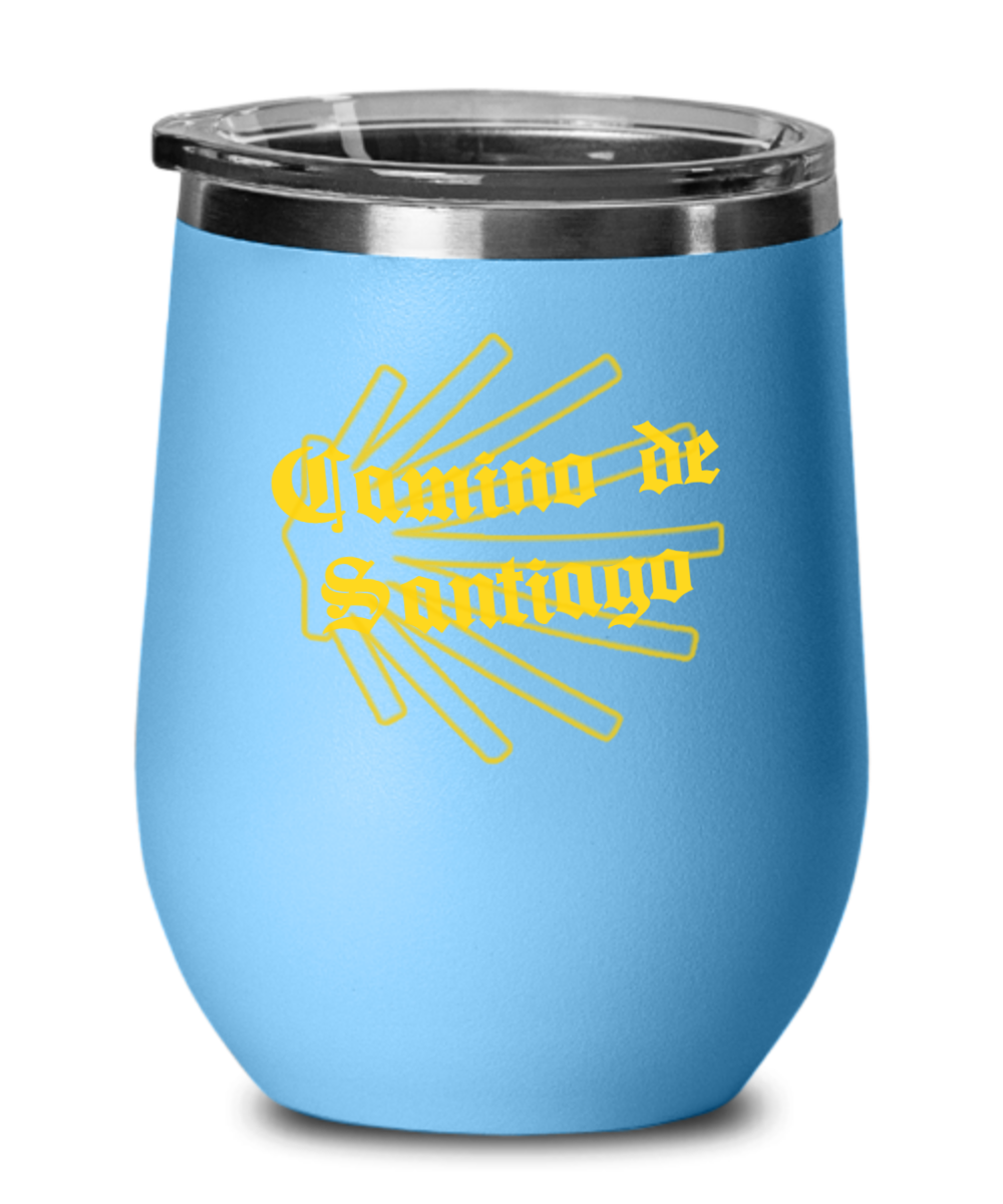 Camino de Santiago Wine Tumbler with Seashell, Gift for Peregrino, Insulated with Lid, 12 oz.