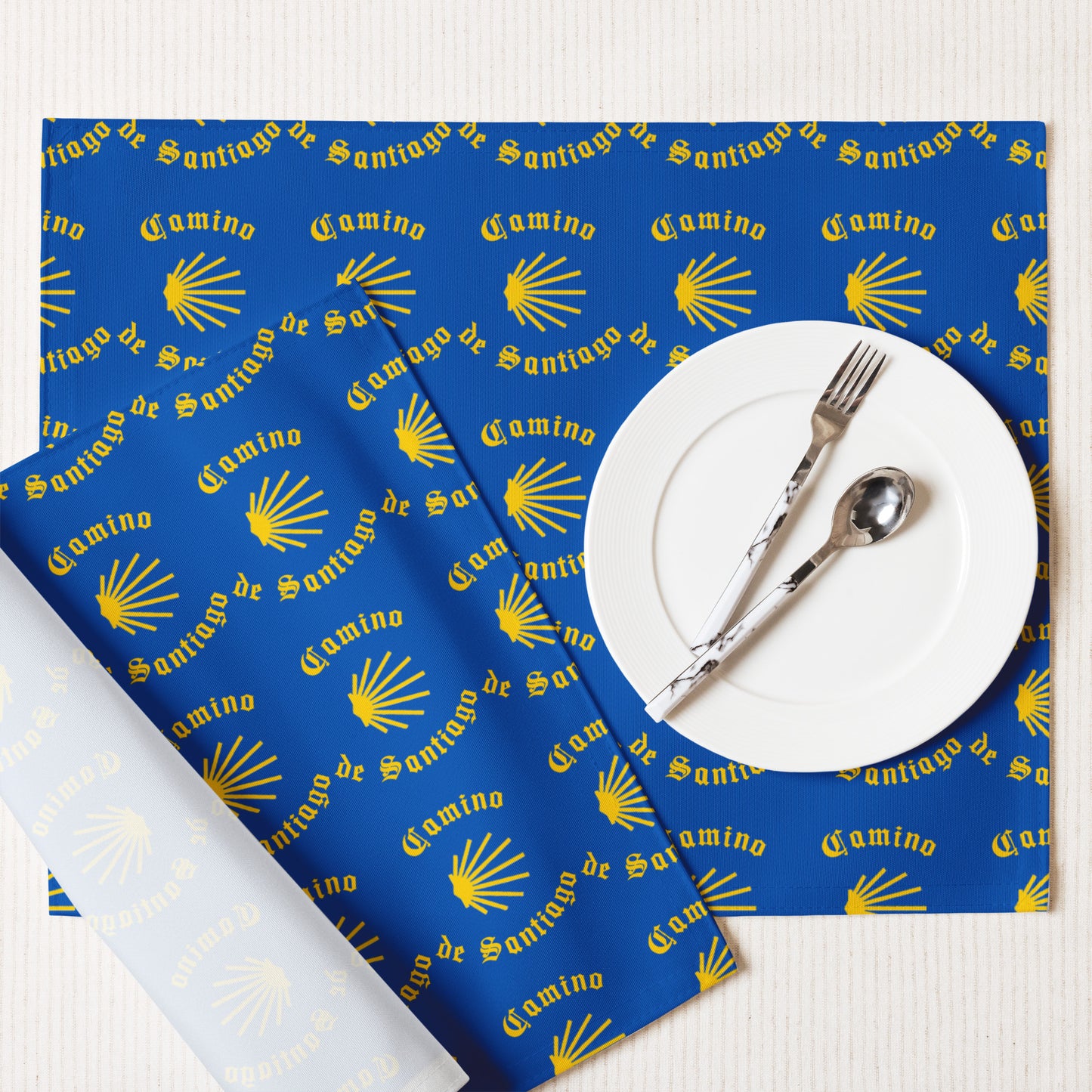 Camino de Santiago Placemat Set, Gift for Peregrino, Yellow Seashell on Blue