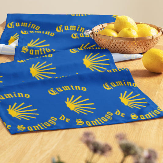 Camino de Santiago Cloth Table Runner, Gift for Peregrino, Yellow Seashell on Blue