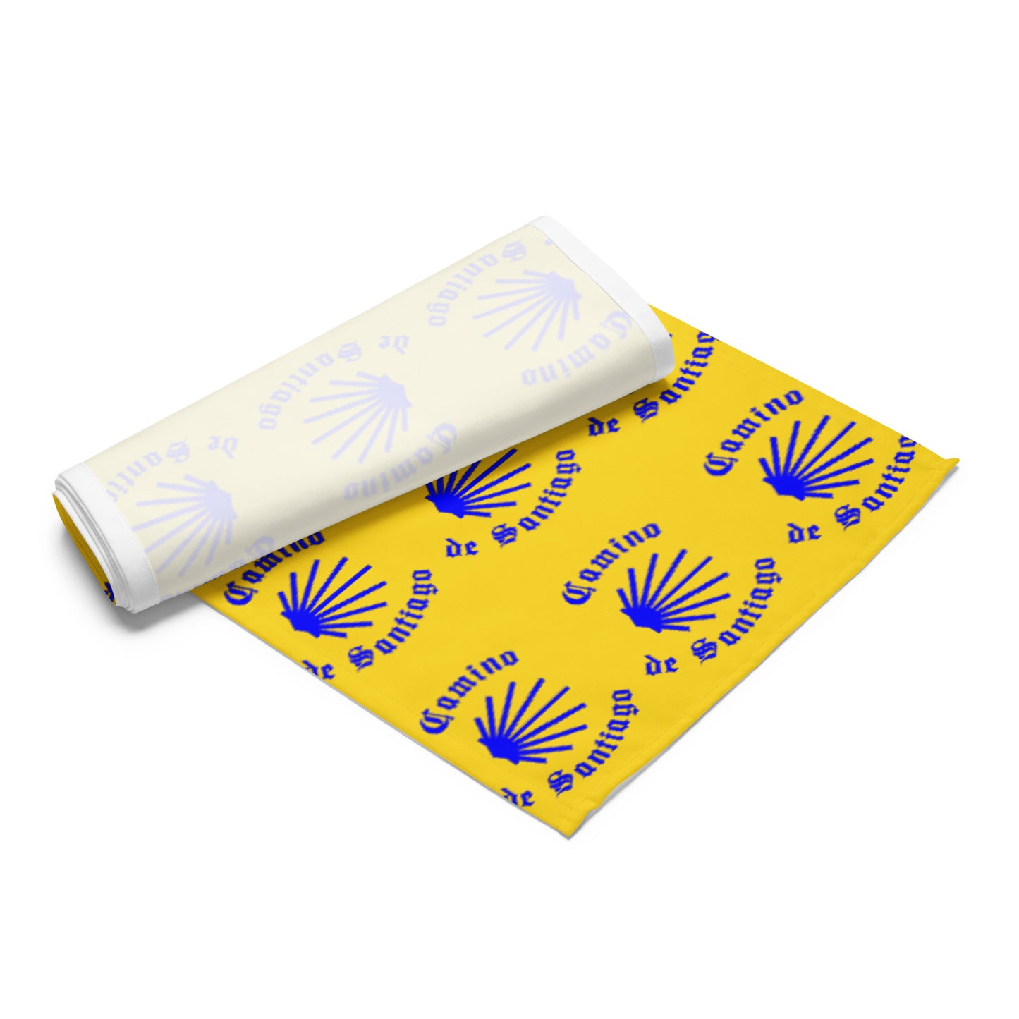 Camino de Santiago Table Runner, Gift for Peregrino, Blue Seashell on Yellow