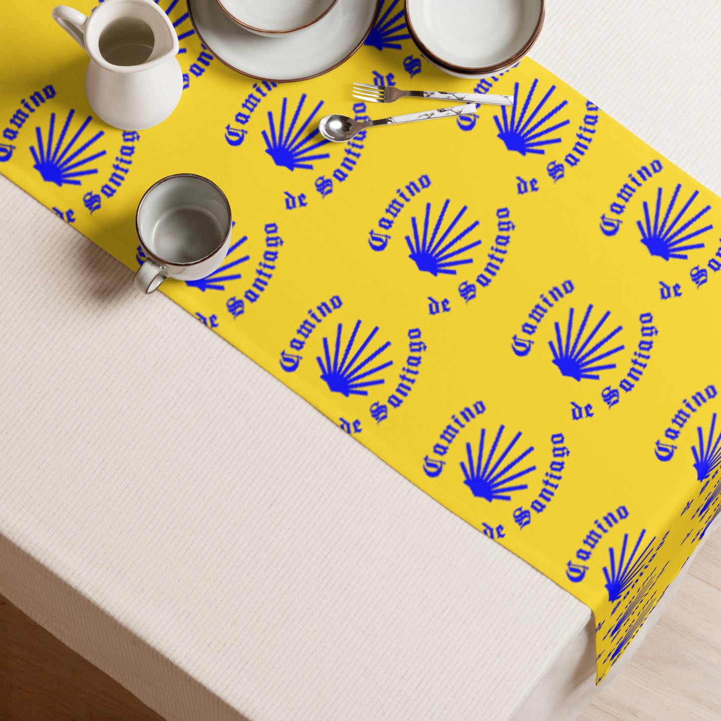 Camino de Santiago Table Runner, Gift for Peregrino, Blue Seashell on Yellow