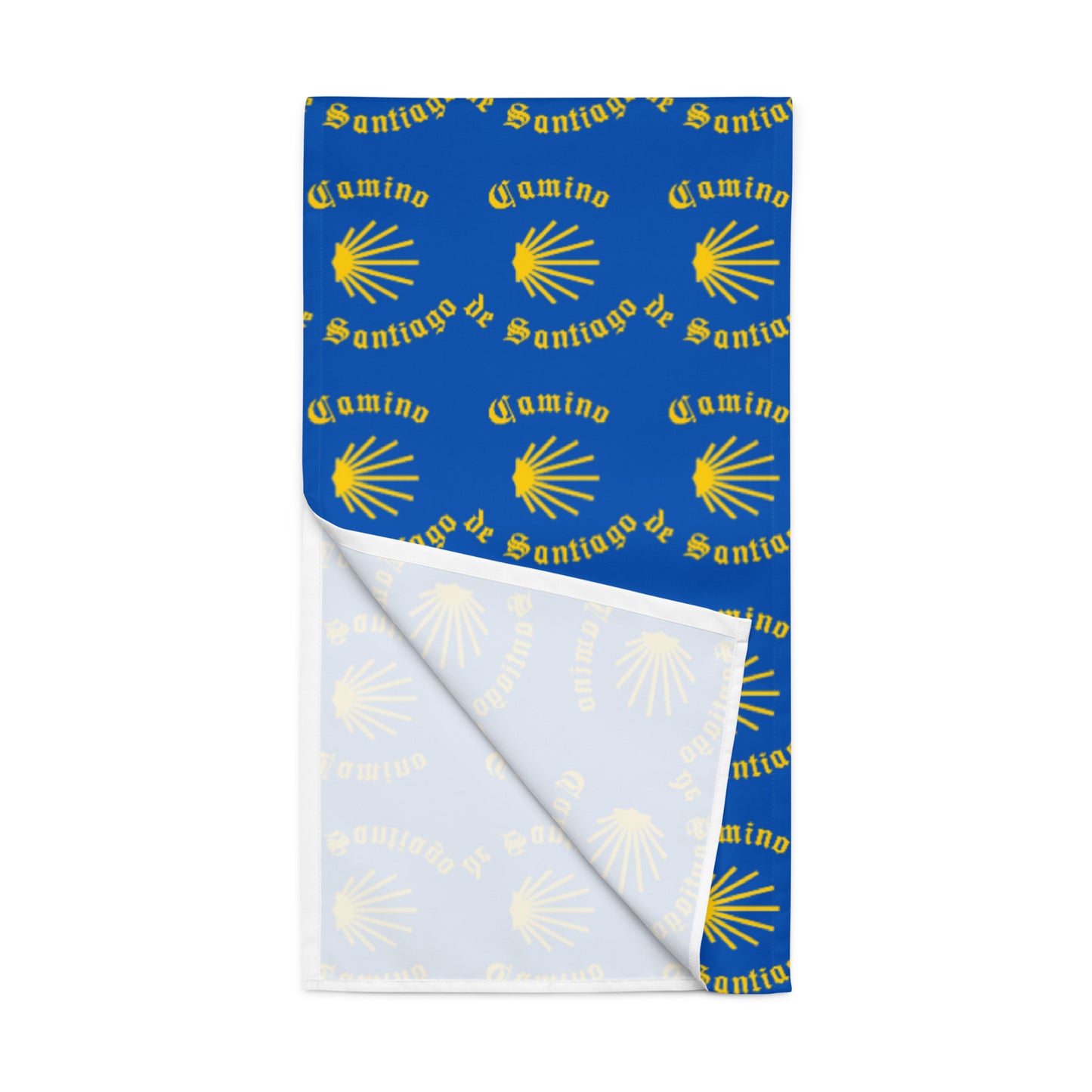 Camino de Santiago Cloth Table Runner, Gift for Peregrino, Yellow Seashell on Blue