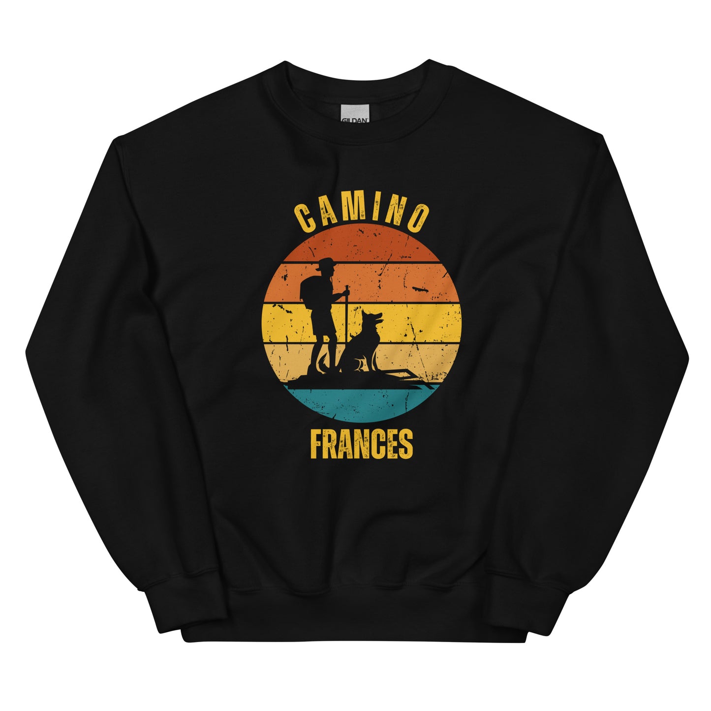 Camino Frances Sweatshirt, Camino de Santiago French Way Keepsake, Solo Hiker with Dog, Unisex