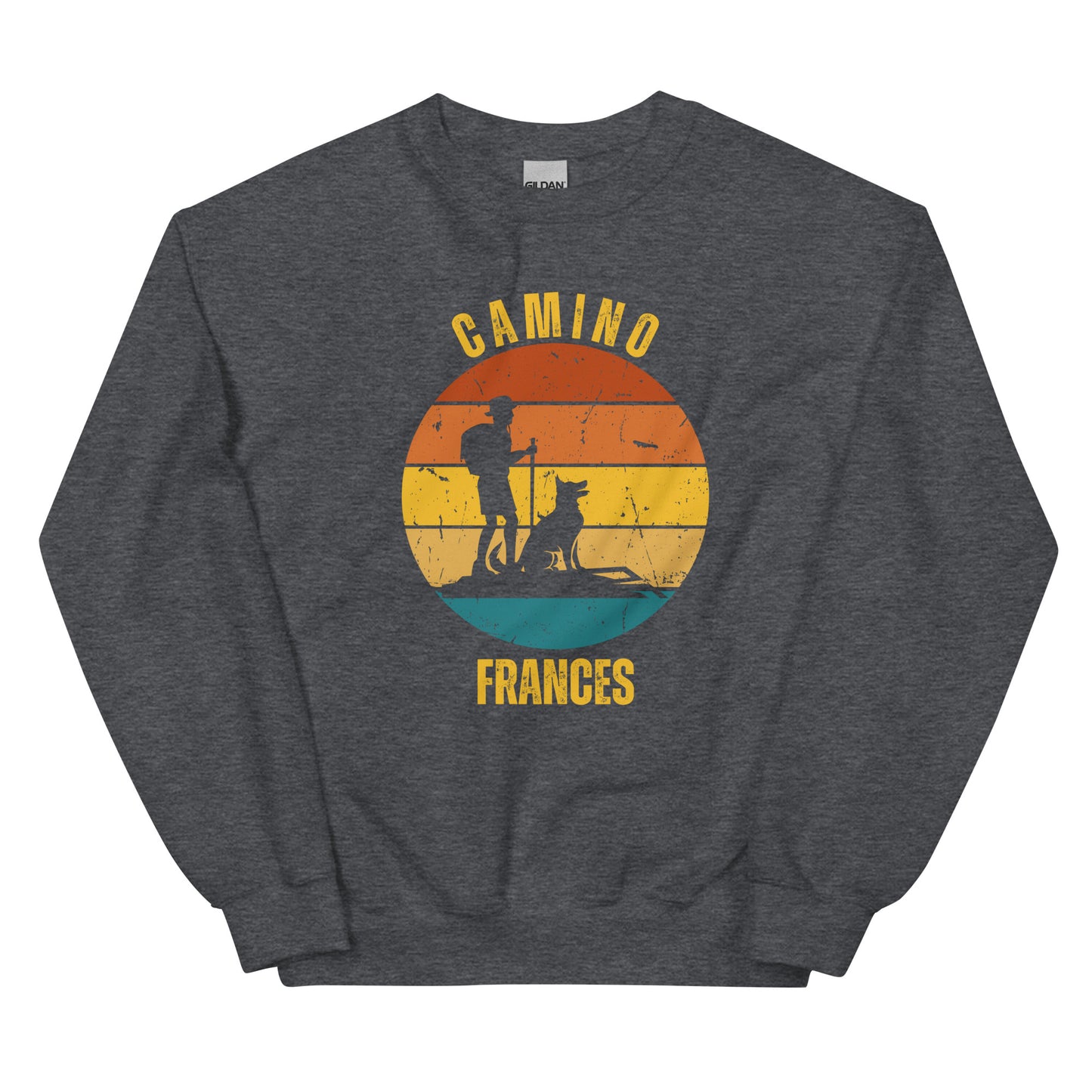 Camino Frances Sweatshirt, Camino de Santiago French Way Keepsake, Solo Hiker with Dog, Unisex