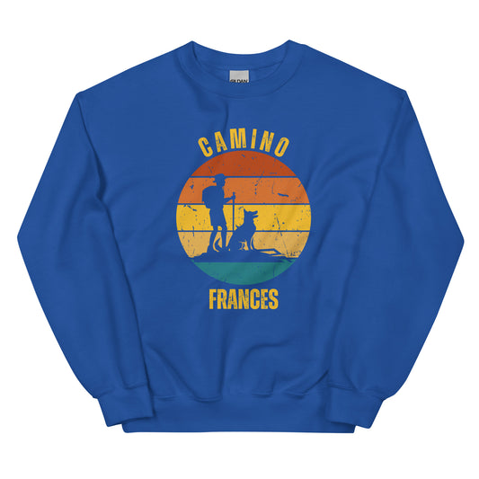 Camino Frances Sweatshirt, Camino de Santiago French Way Keepsake, Solo Hiker with Dog, Unisex