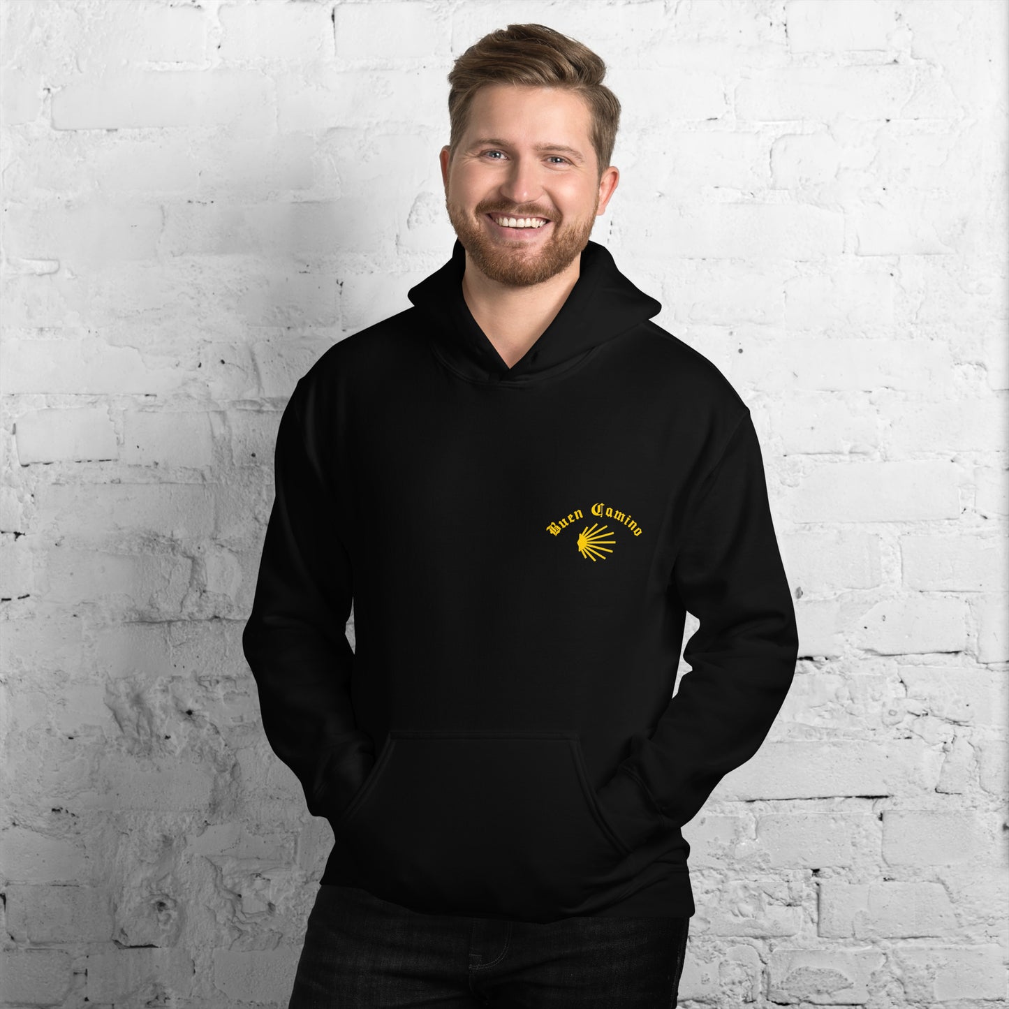 Black Camino Hoodie front Buen Camino and shell