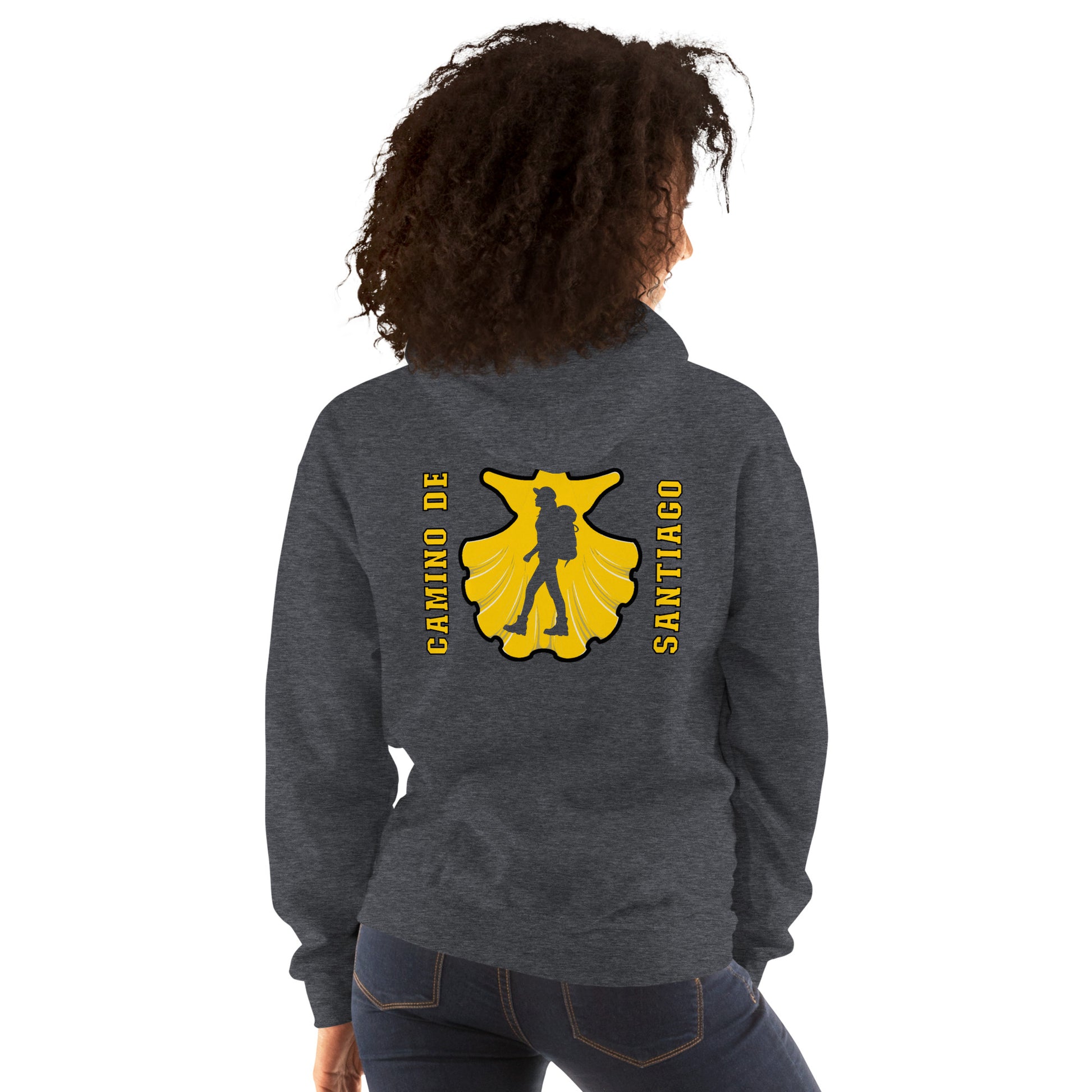 Camino de Santiago Hoodie Seashell Hiker Unisex Heather Grey Back