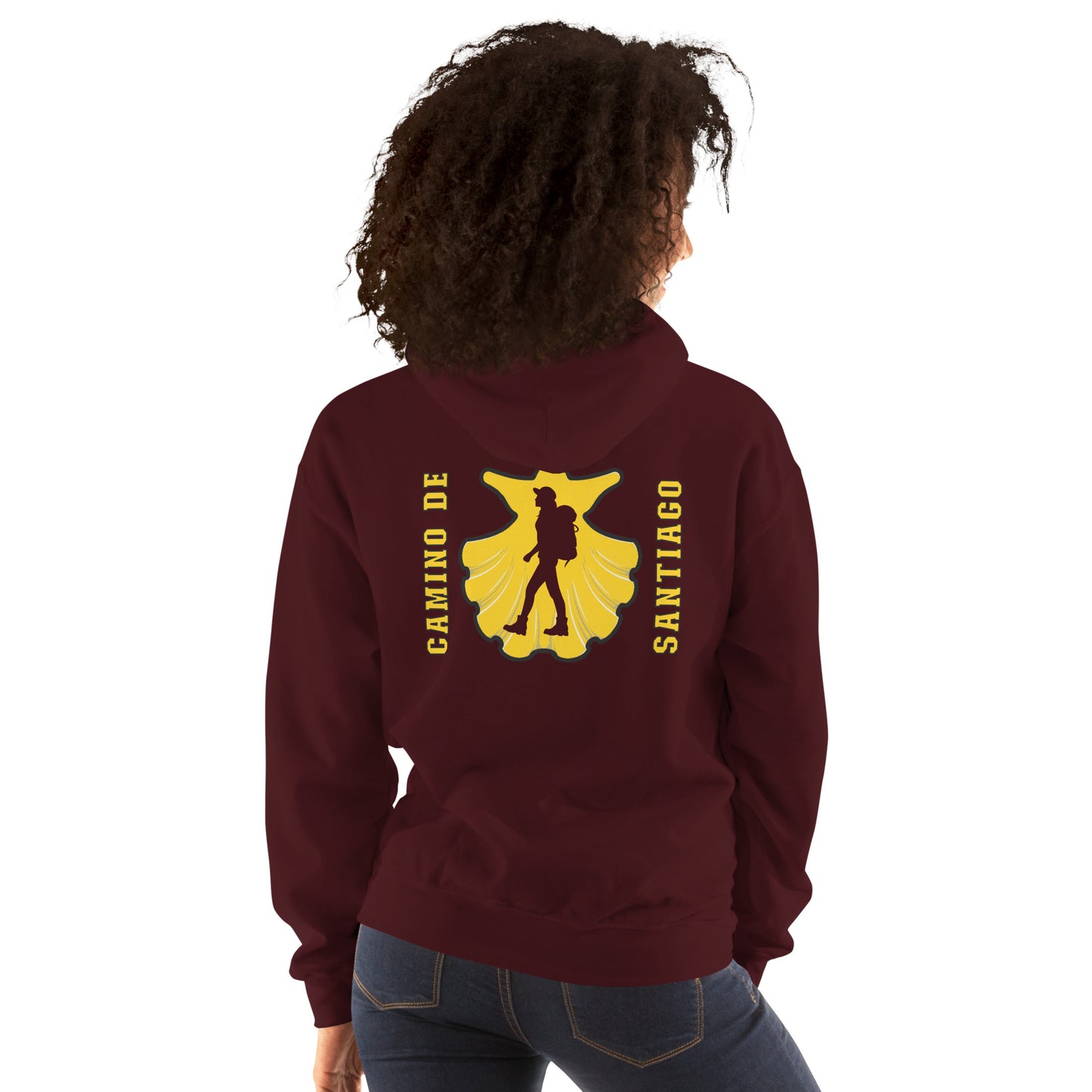 Camino de Santiago Hoodie Seashell Hiker Unisex Maroon Back