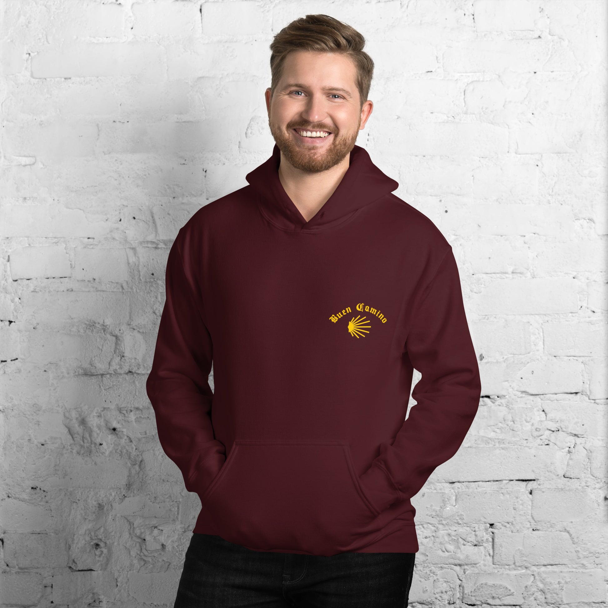 Maroon Camino Hoodie front Buen Camino and shell logo