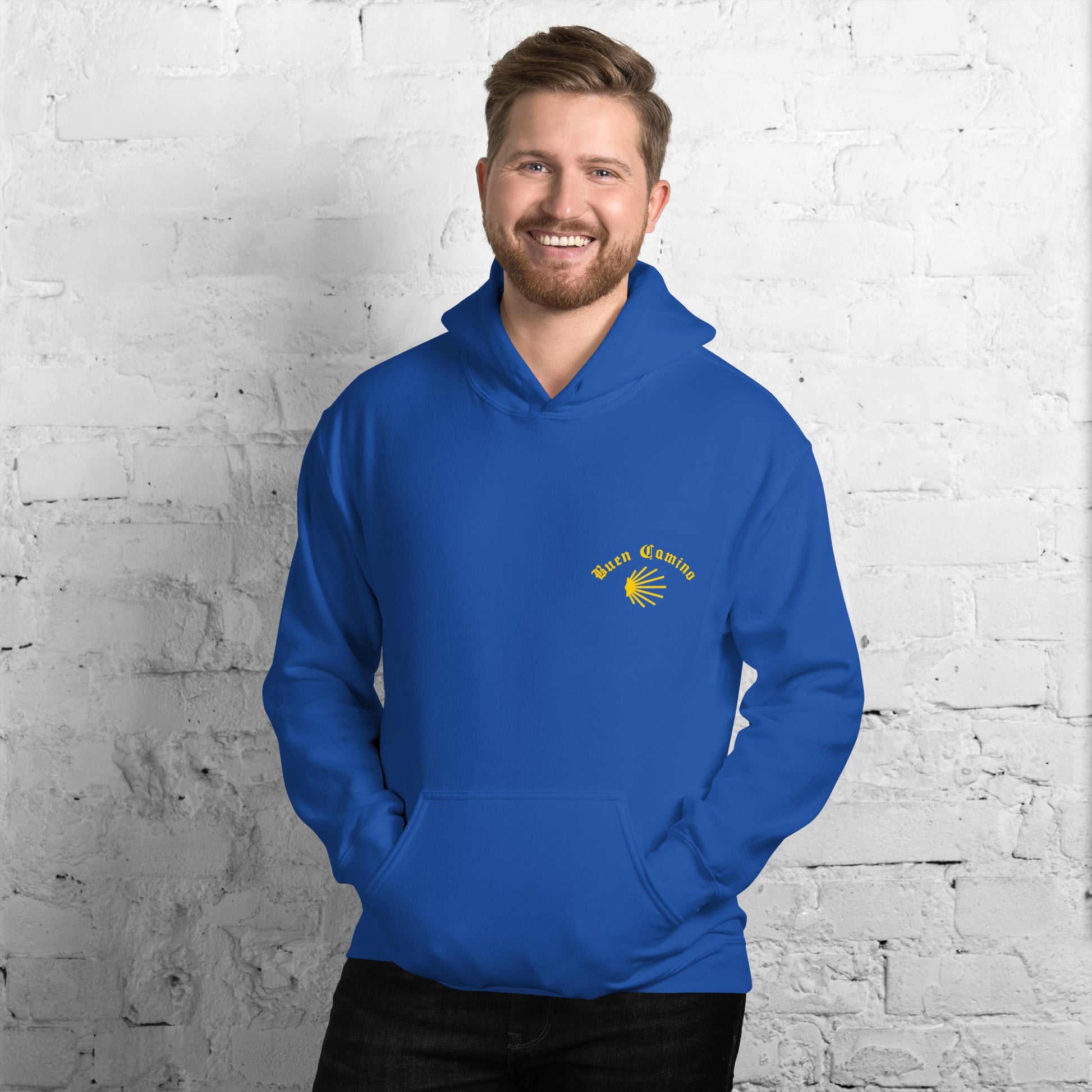 Royal Blue Camino Hoodie front Buen Camino and shell logo