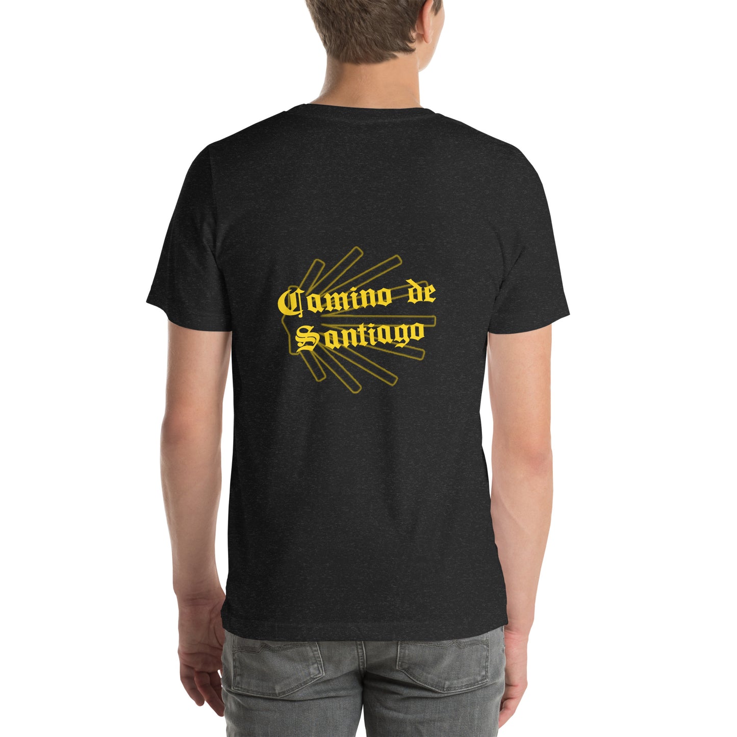 Heather Black Camino de Santiago T-Shirt, Back View Seashell