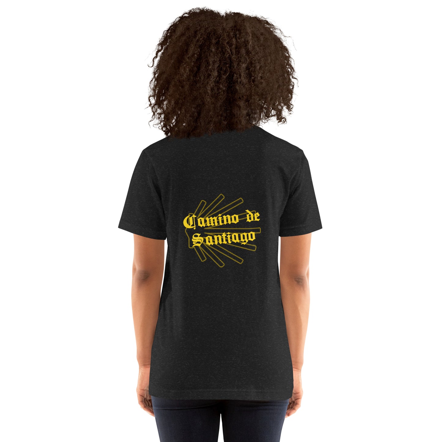 Heather Black Unisex Camino de Santiago T-Shirt, Back View Seashell