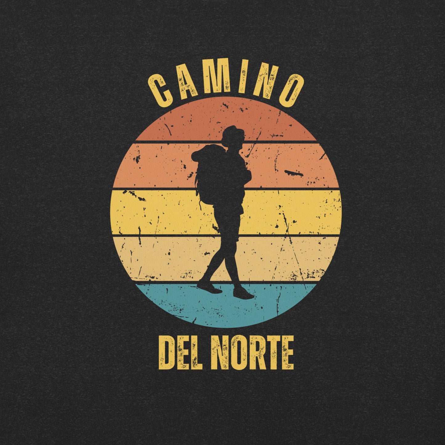 Black Heather Camino de Santiago del Norte T-Shirt Solo Hiker Close-Up