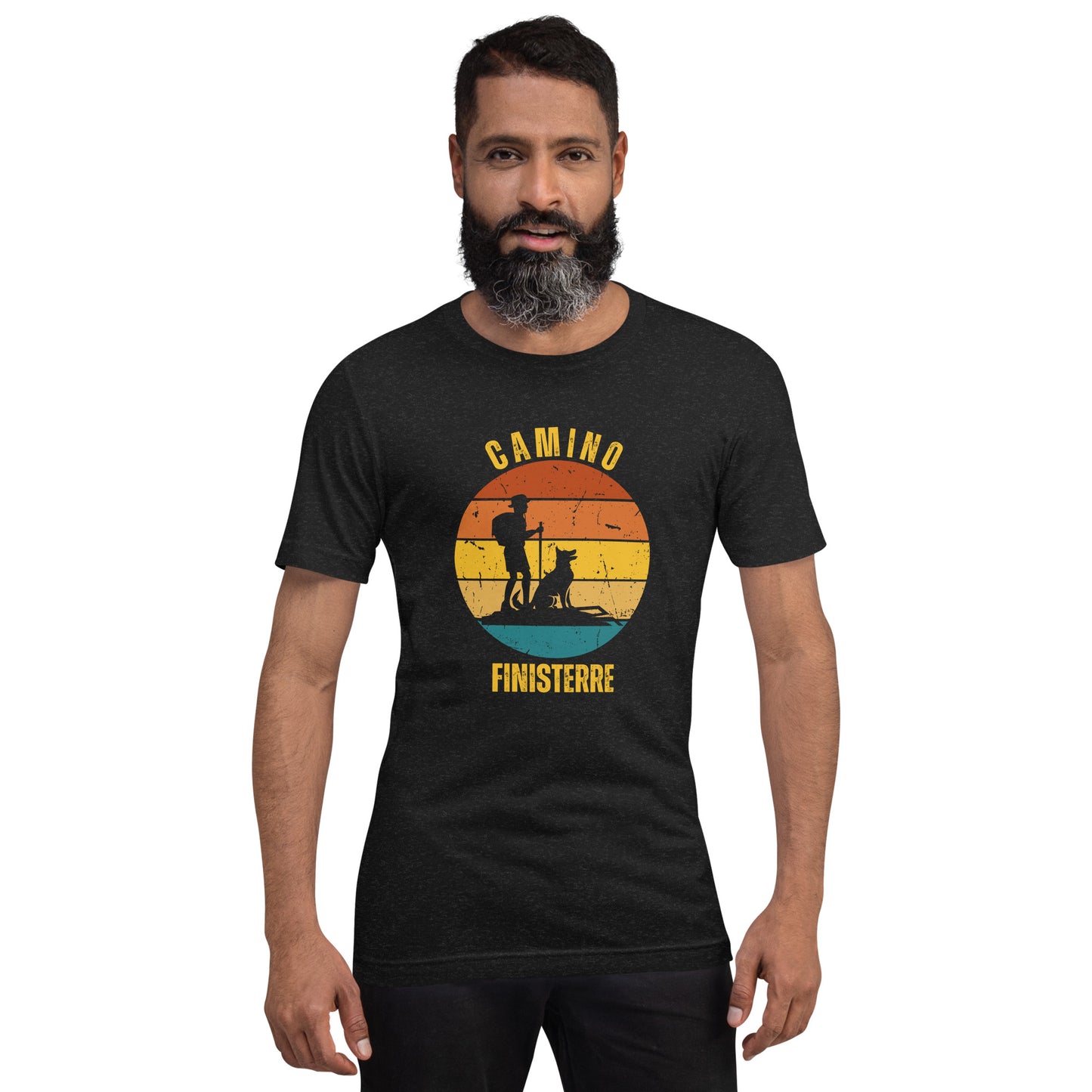 Camino Finisterre T-Shirt, Commemorate Camino de Santiago Finisterra Keepsake, Peregrino & Dog, Unisex