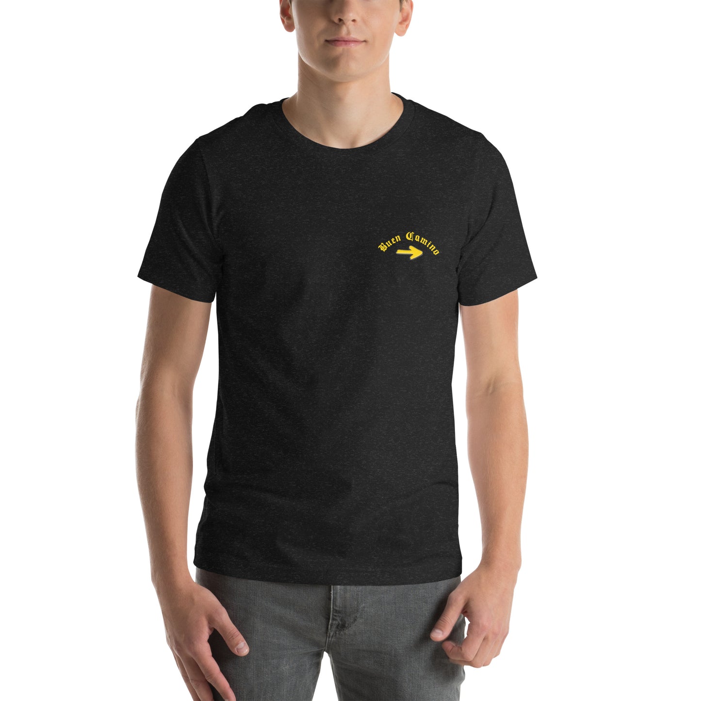 Heather Black Male Camino de Santiago T-Shirt, Front View Buen Camino arrow logo