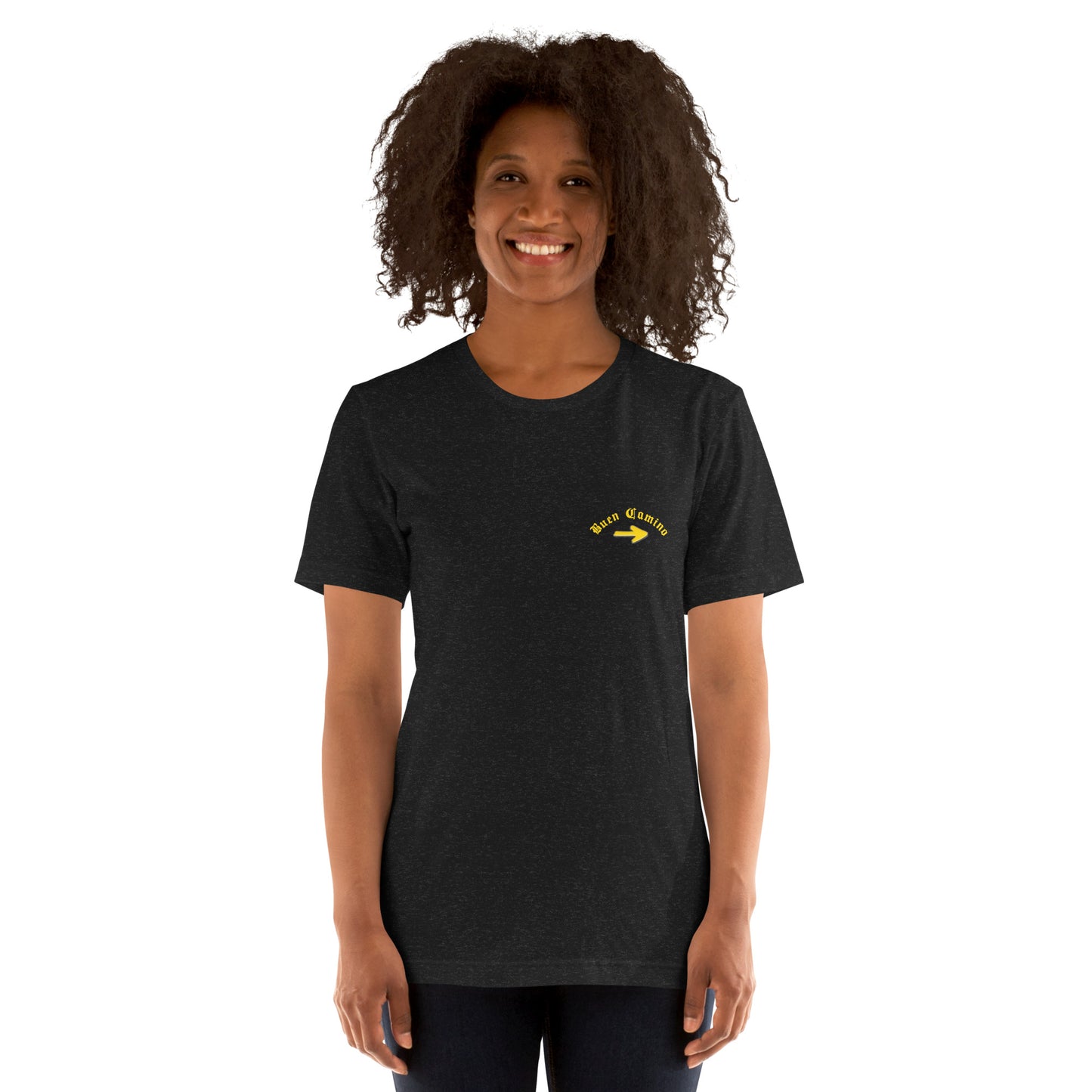 Heather Black Female Camino de Santiago T-Shirt, Front View Buen Camino arrow logo