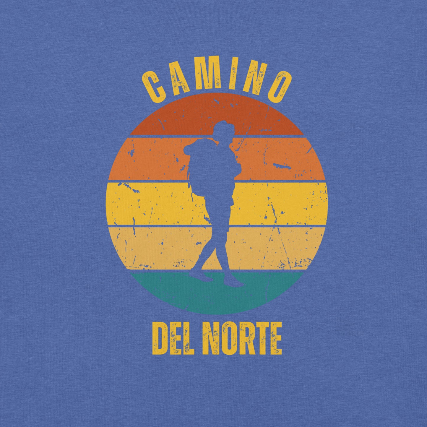 Heather True Royal Blue Camino de Santiago del Norte T-Shirt Solo Hiker Close-Up