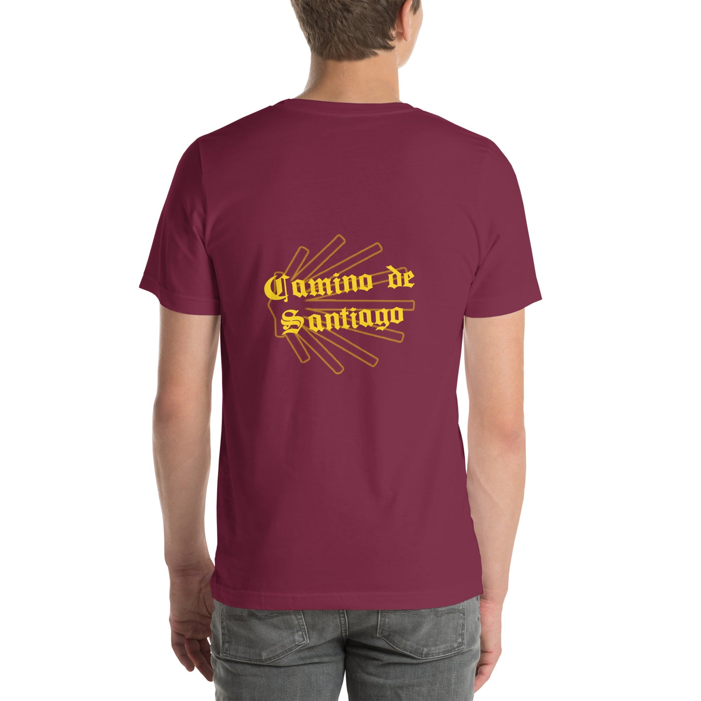 Maroon Camino de Santiago T-Shirt, Back View Seashell