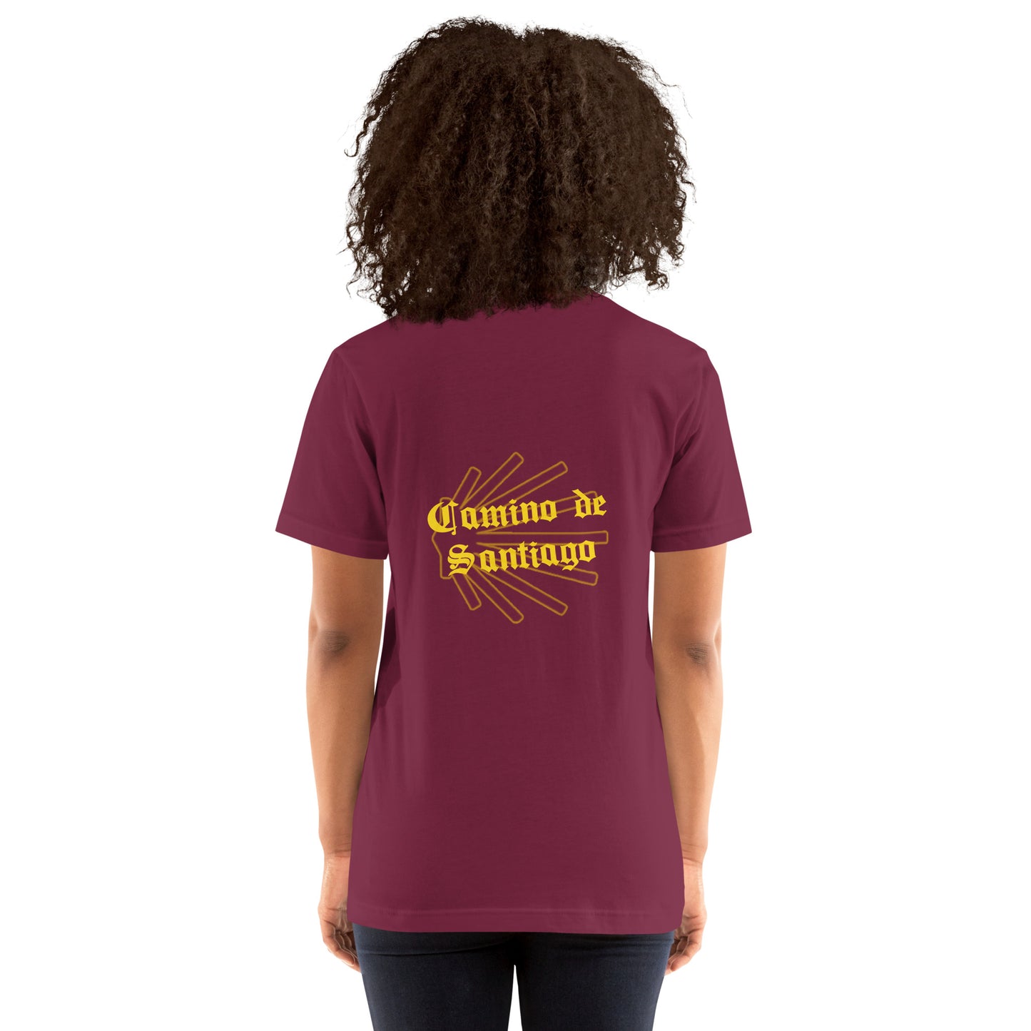 Maroon Unisex Camino de Santiago T-Shirt, Back View Seashell