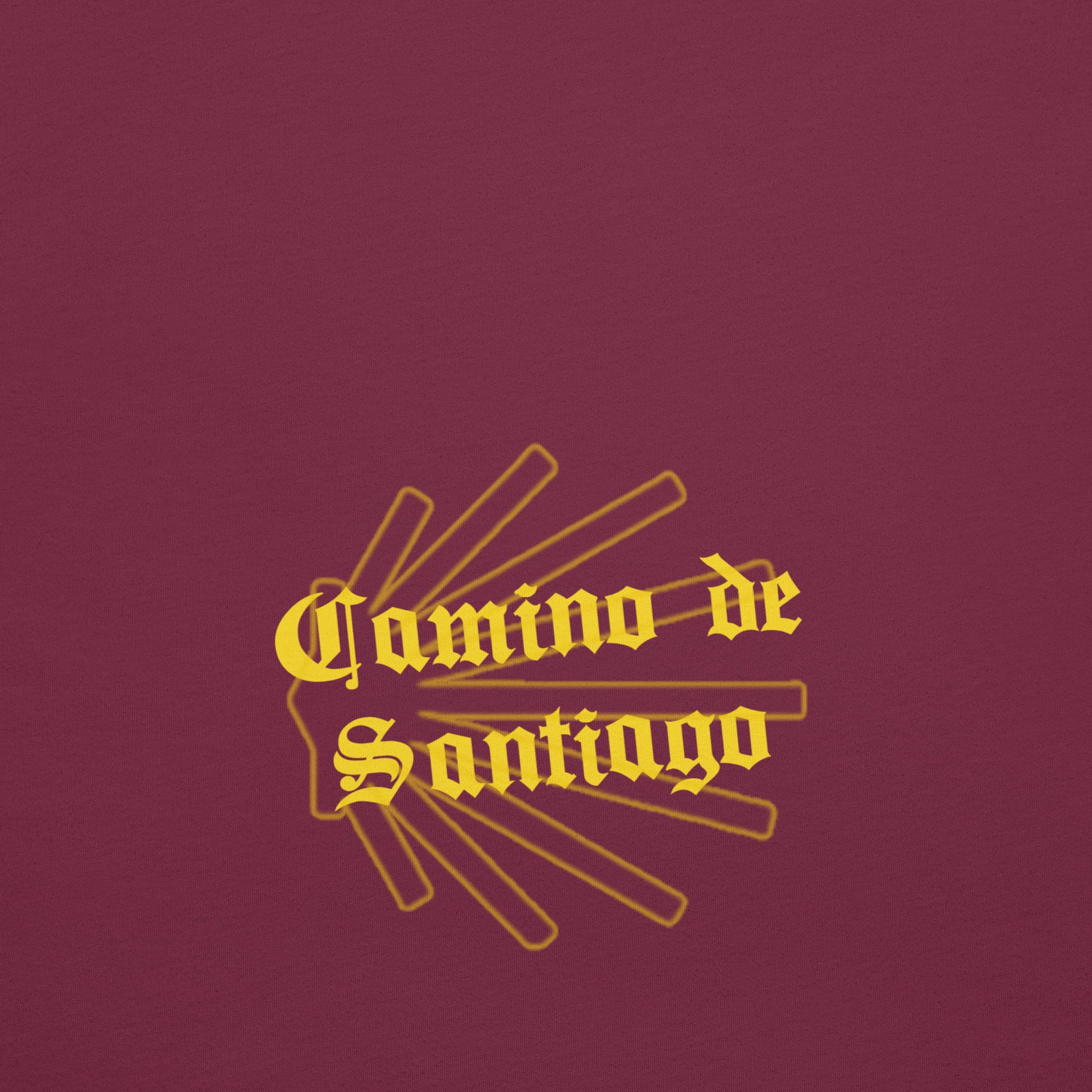 Maroon Camino de Santiago T-Shirt, Back View Close-up Seashell