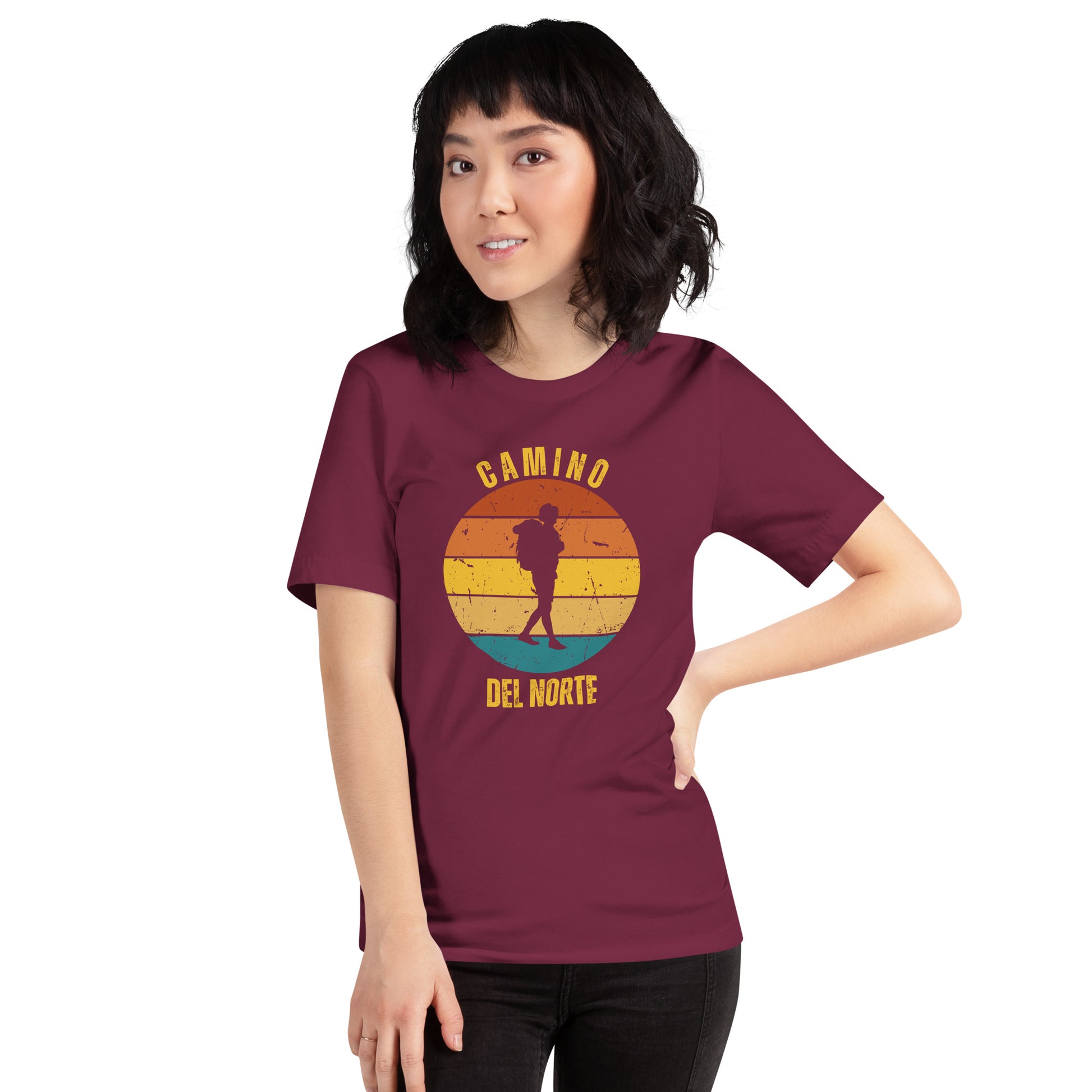 Maroon Heather Camino de Santiago del Norte T-Shirt Solo Hiker Female