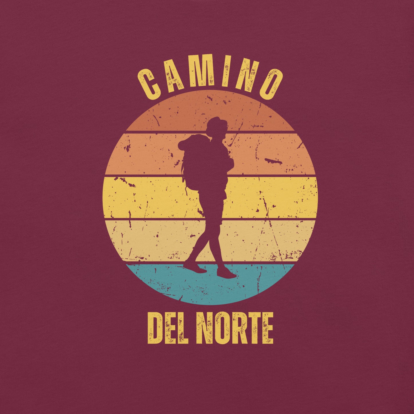 Maroon Camino de Santiago del Norte T-Shirt Solo Hiker Close-Up