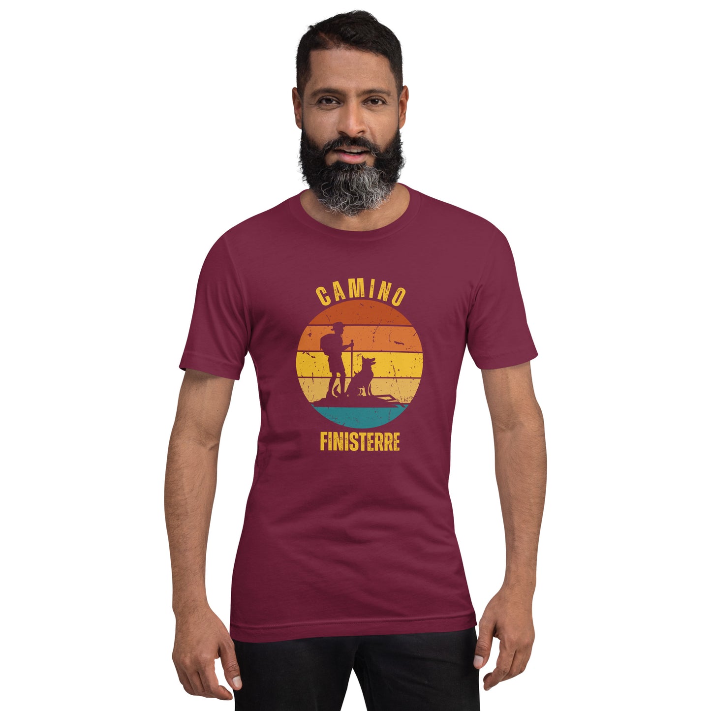 Camino Finisterre T-Shirt, Commemorate Camino de Santiago Finisterra Keepsake, Peregrino & Dog, Unisex