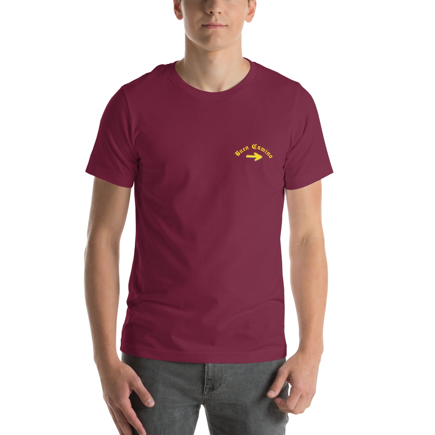 Maroon Male Camino de Santiago T-Shirt, Front View Buen Camino arrow logo