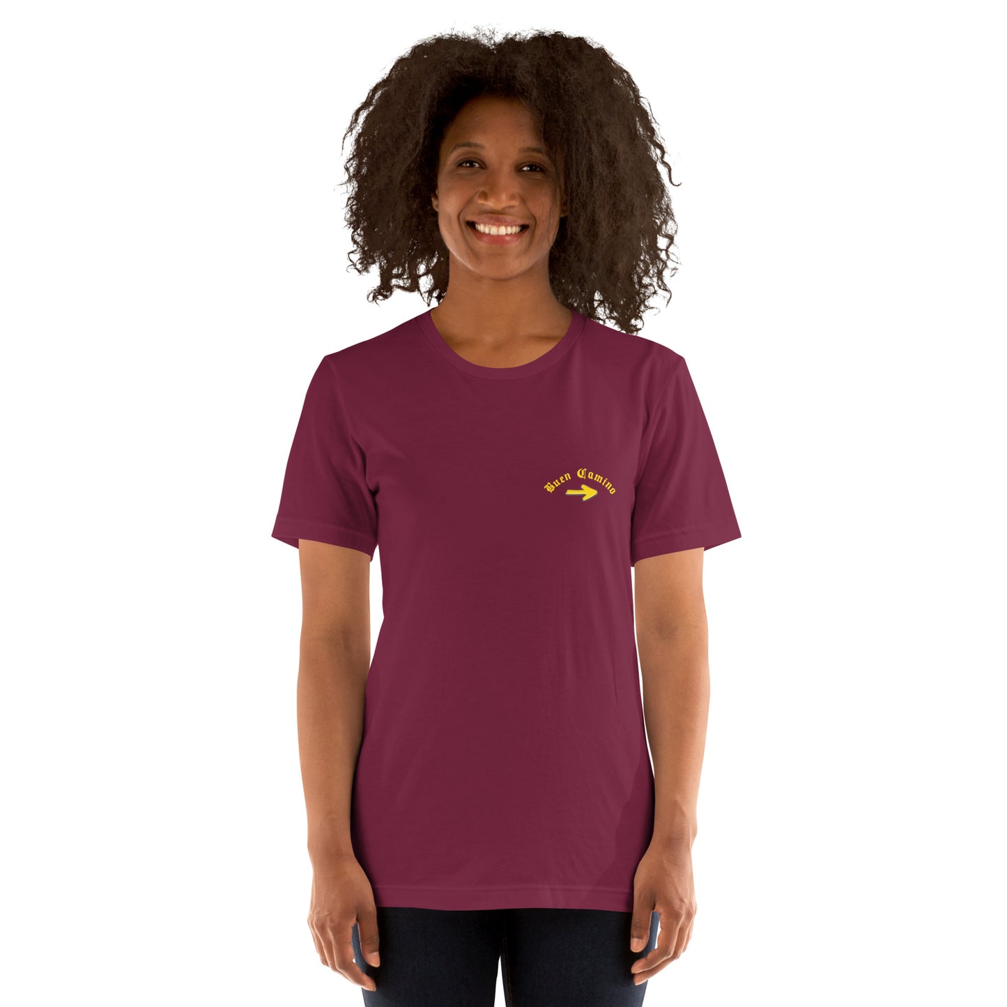 Maroon Female Camino de Santiago T-Shirt, Front View Buen Camino arrow logo